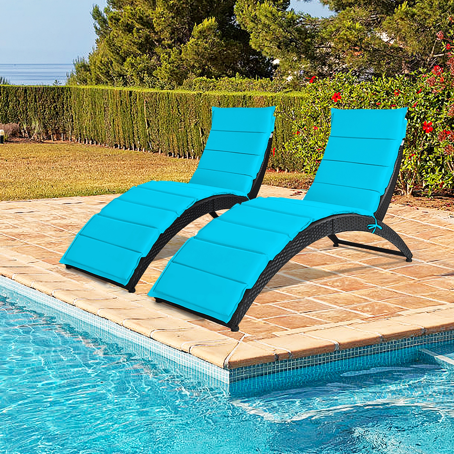 2PCS Chaise longue pliante en rotin pour patio Chaise de jardin portative noire Costway