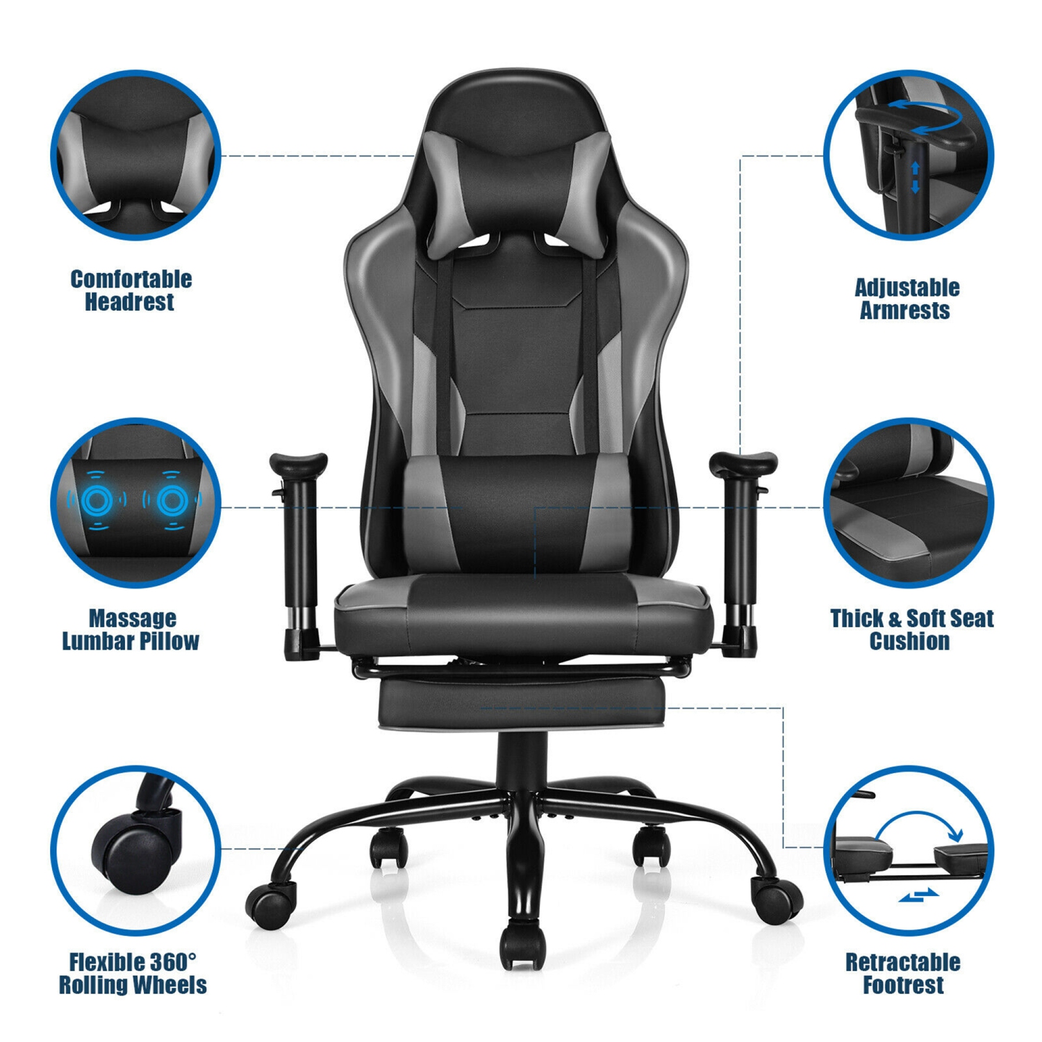 Gymax Massage Gaming Chair Racing Computer Task Chair Recliner w/Footrest