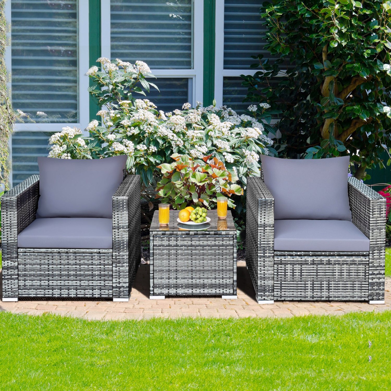 Gymax 3PCS Rattan Patio Conversation Set Outdoor Furniture Set w/ Table Cushion