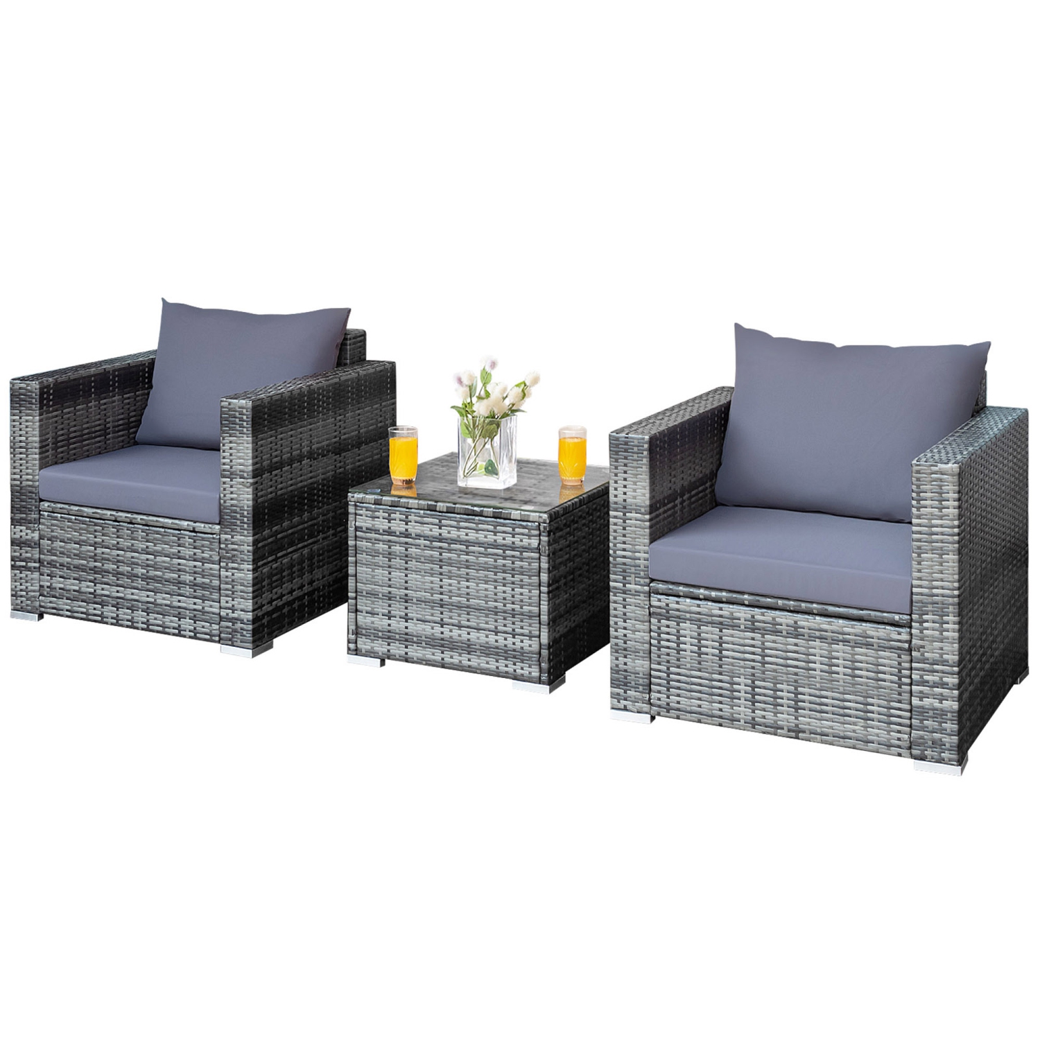Gymax 3PCS Rattan Patio Conversation Set Outdoor Furniture Set w/ Table Cushion