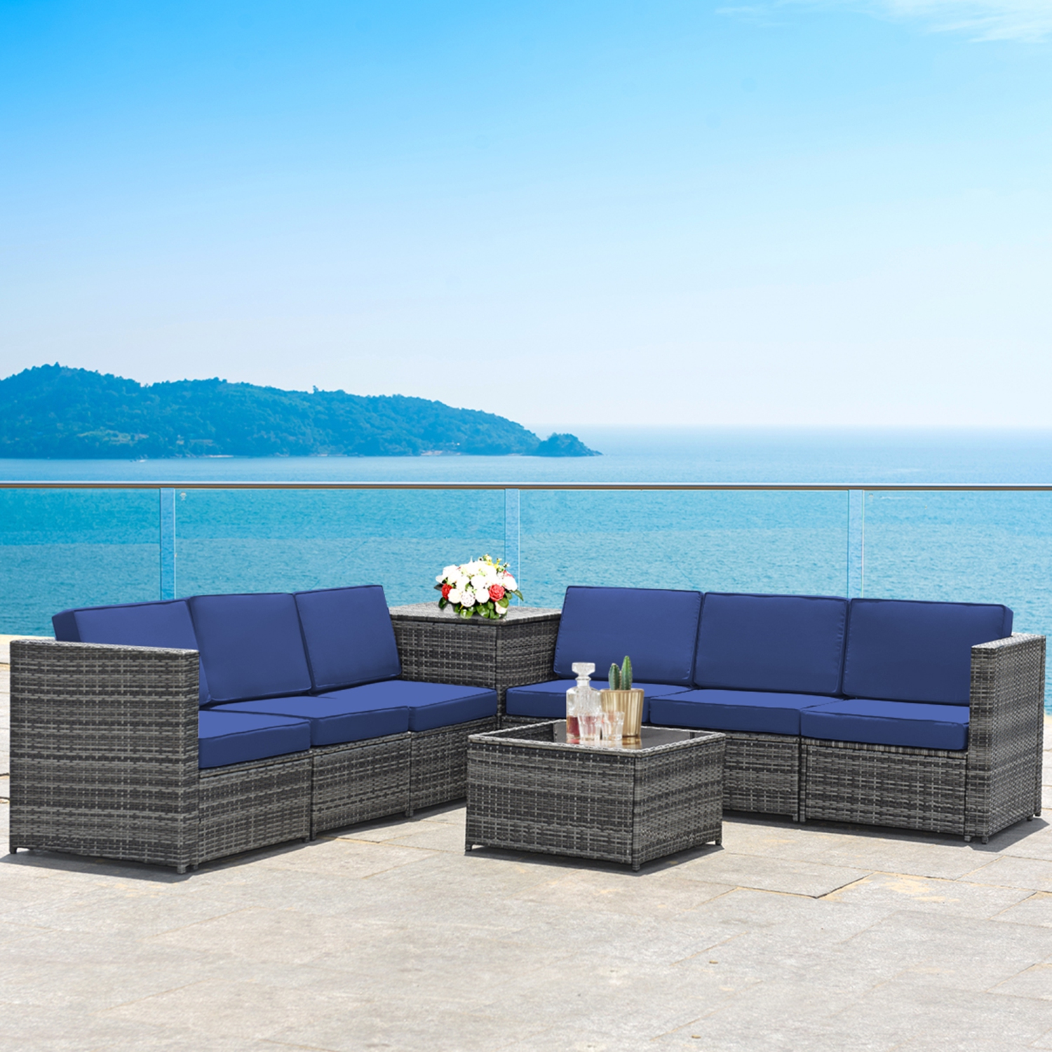 Gymax 8PCS Patio Rattan Sofa Sectional Conversation Furniture Set w/ Navy Cushion