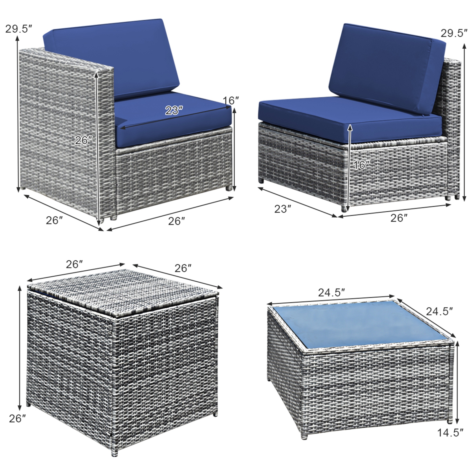 Gymax 8PCS Patio Rattan Sofa Sectional Conversation Furniture Set w/ Navy Cushion