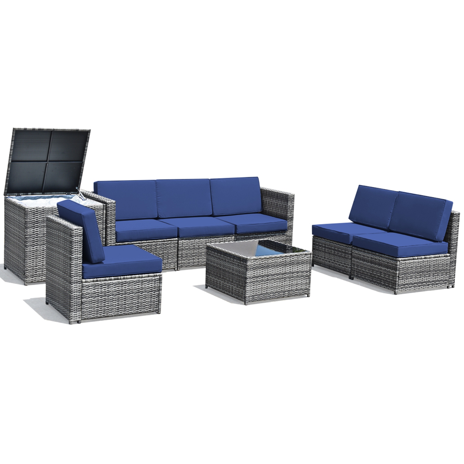 Gymax 8PCS Patio Rattan Sofa Sectional Conversation Furniture Set w/ Navy Cushion
