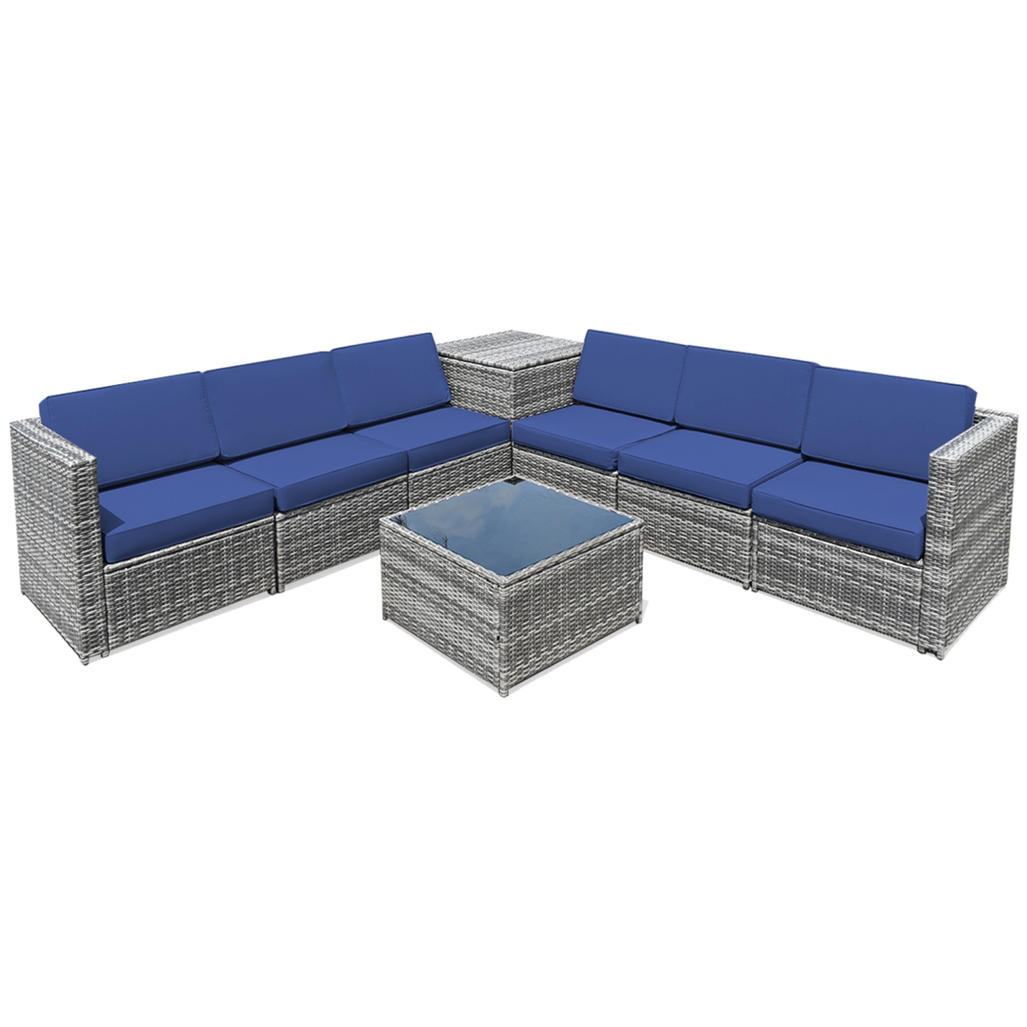 Gymax 8PCS Patio Rattan Sofa Sectional Conversation Furniture Set w/ Navy Cushion