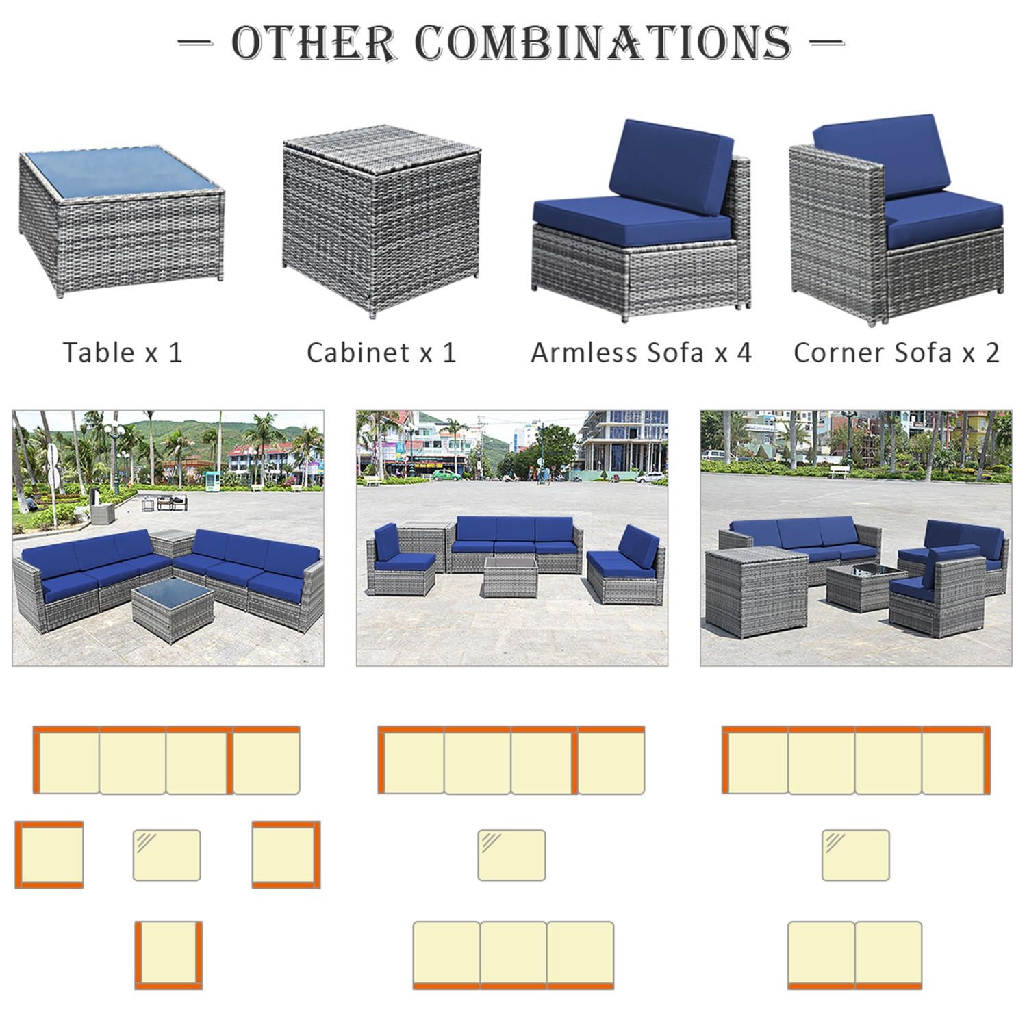 Gymax 8PCS Patio Rattan Sofa Sectional Conversation Furniture Set w/ Navy Cushion