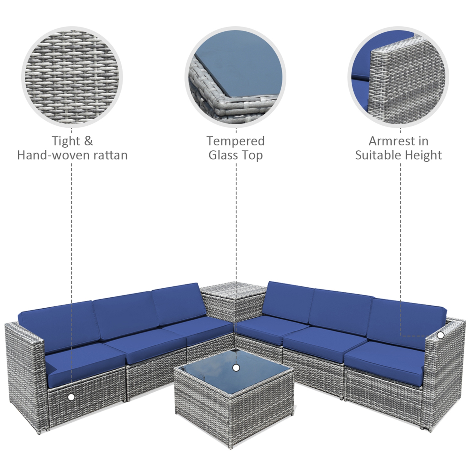 Gymax 8PCS Patio Rattan Sofa Sectional Conversation Furniture Set w/ Navy Cushion