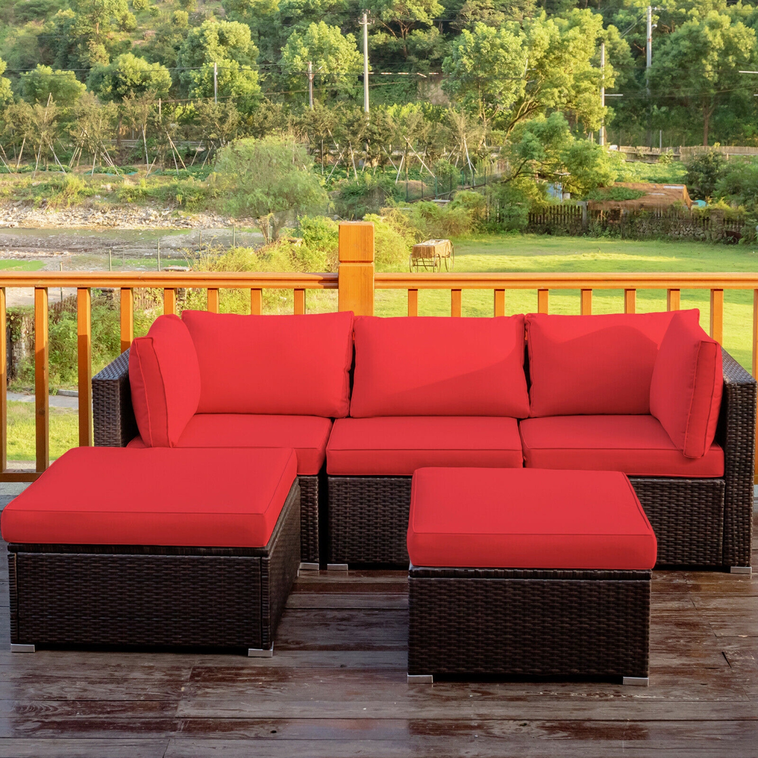 Gymax 5PCS Rattan Patio Conversation Set Outdoor Furniture Set w/ Ottoman Red Cushion