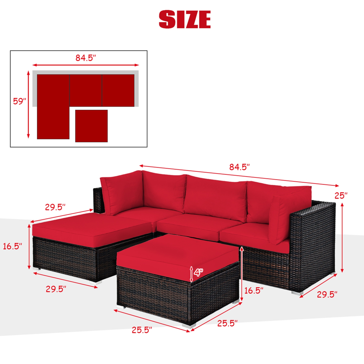 Gymax 5PCS Rattan Patio Conversation Set Outdoor Furniture Set w/ Ottoman Red Cushion