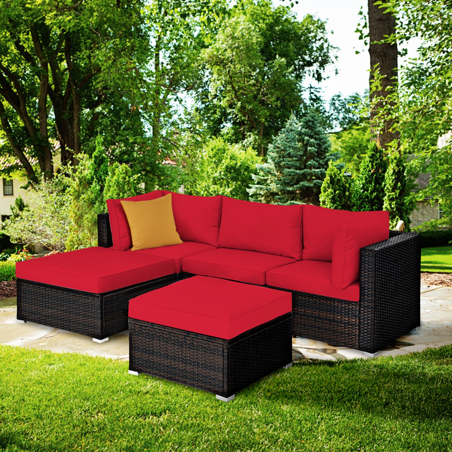 Gymax 5PCS Rattan Patio Conversation Set Outdoor Furniture Set w/ Ottoman Red Cushion