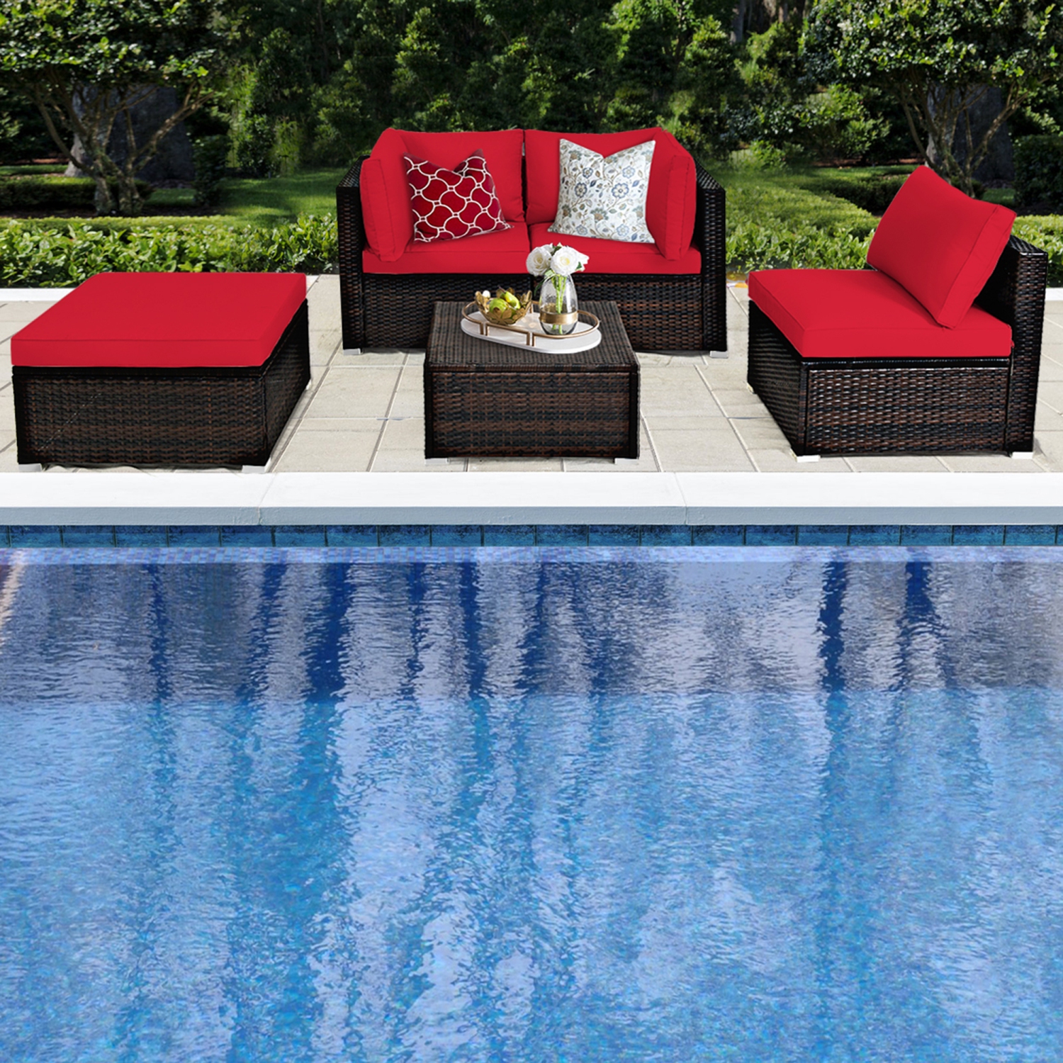 Gymax 5PCS Rattan Patio Conversation Set Outdoor Furniture Set w/ Ottoman Red Cushion