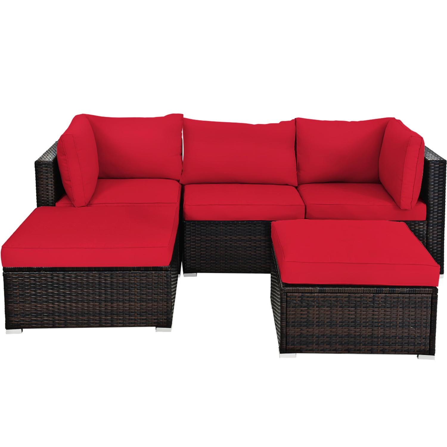 Gymax 5PCS Rattan Patio Conversation Set Outdoor Furniture Set w/ Ottoman Red Cushion