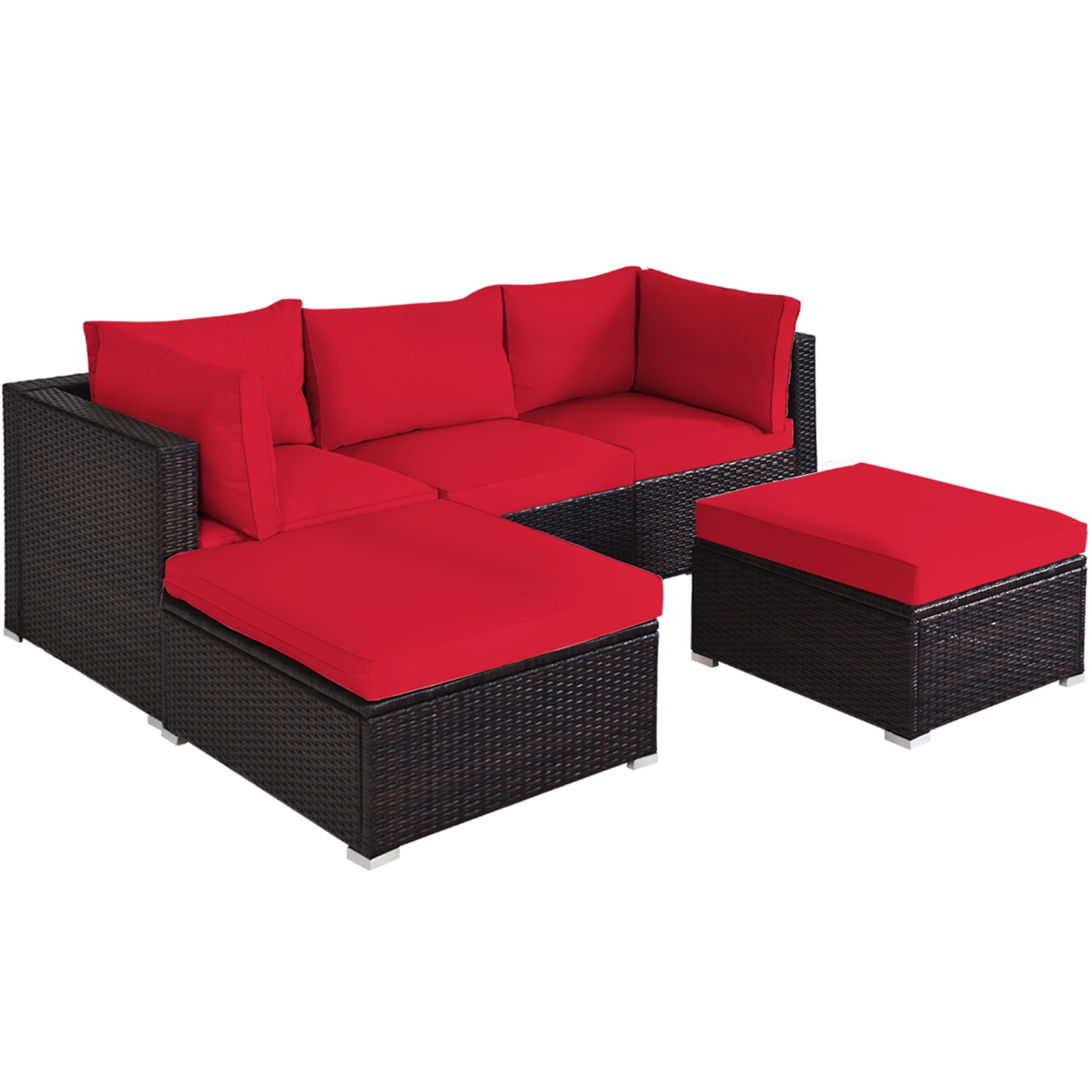 Gymax 5PCS Rattan Patio Conversation Set Outdoor Furniture Set w/ Ottoman Red Cushion