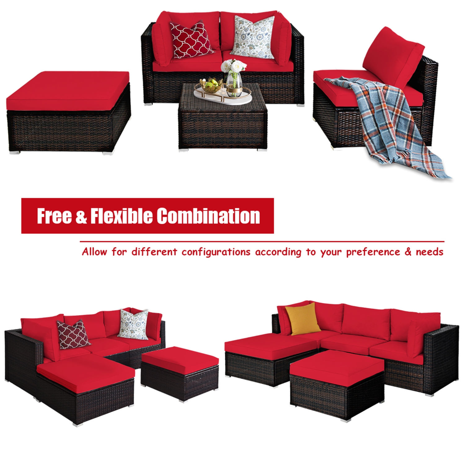 Gymax 5PCS Rattan Patio Conversation Set Outdoor Furniture Set w/ Ottoman Red Cushion
