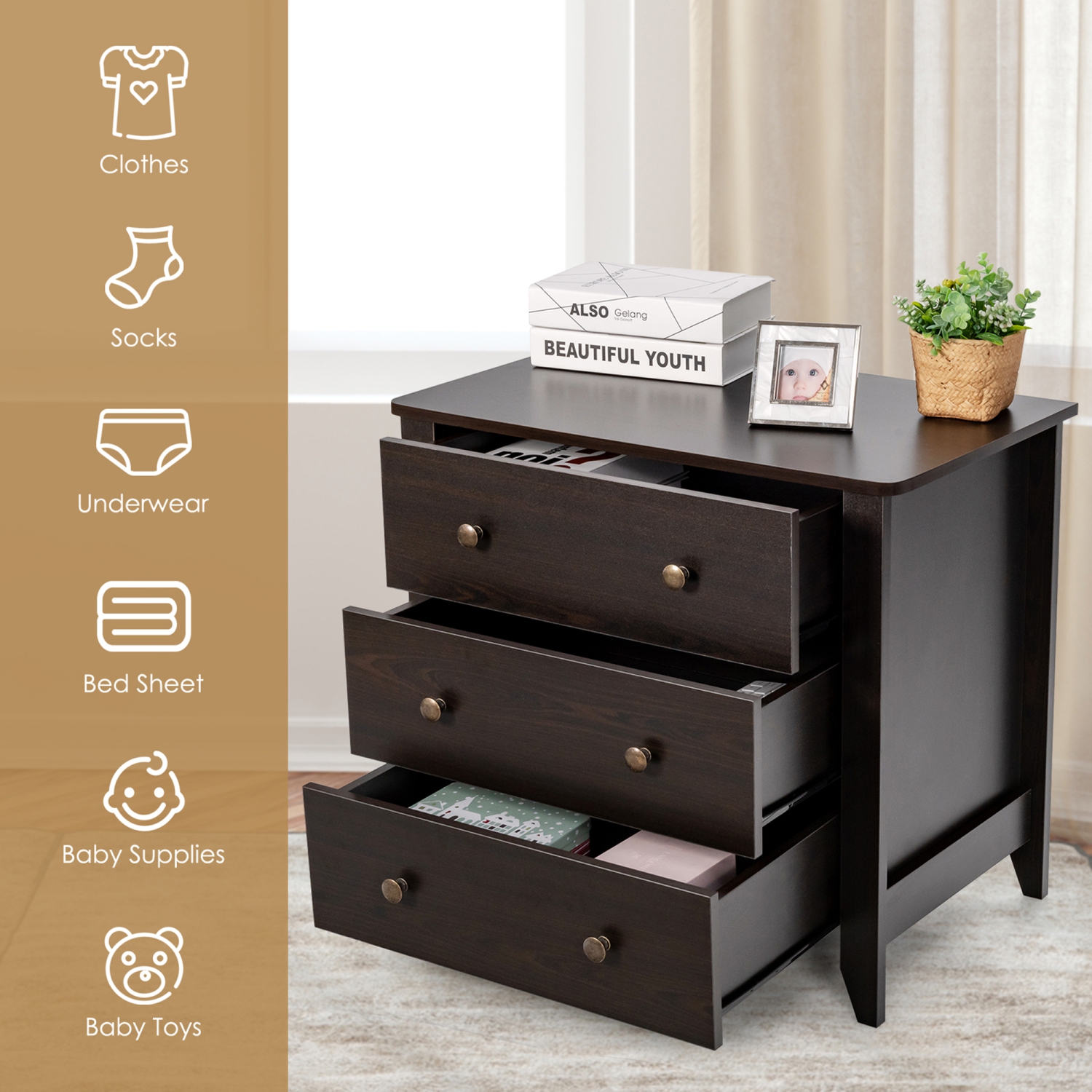 Gymax 3 Drawer Dresser Chest of Drawers Bedside Table for Living Room Bedroom