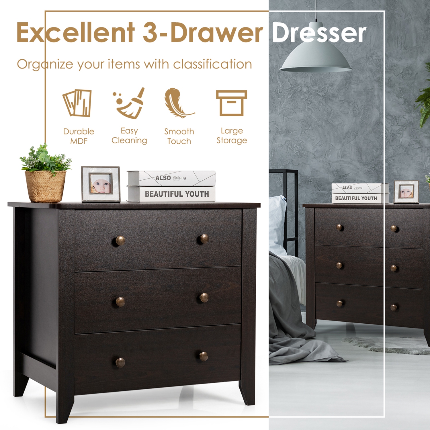 Gymax 3 Drawer Dresser Chest of Drawers Bedside Table for Living Room Bedroom