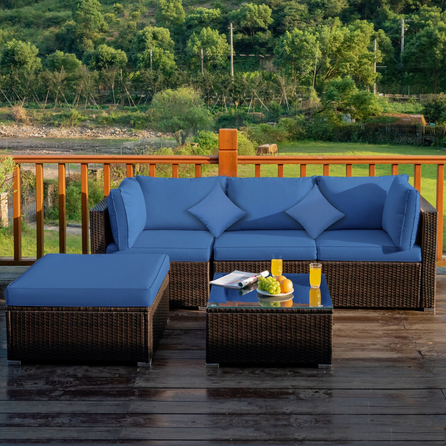 Gymax 5PCS Rattan Patio Conversation Set Outdoor Furniture Set w/ Ottoman Navy Cushion