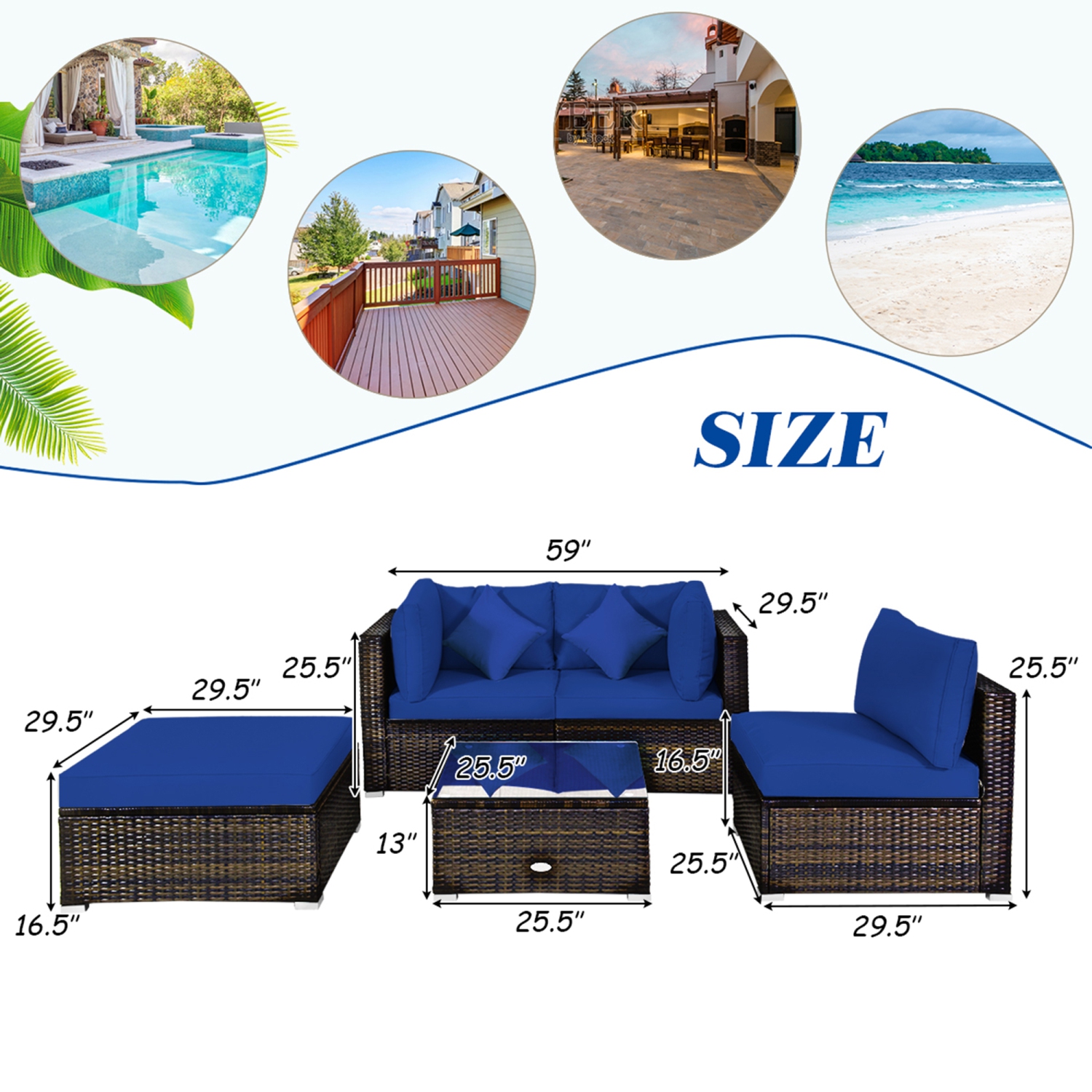Gymax 5PCS Rattan Patio Conversation Set Outdoor Furniture Set w/ Ottoman Navy Cushion