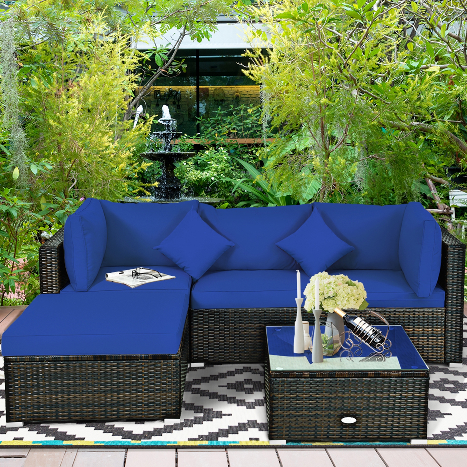 Gymax 5PCS Rattan Patio Conversation Set Outdoor Furniture Set w/ Ottoman Navy Cushion