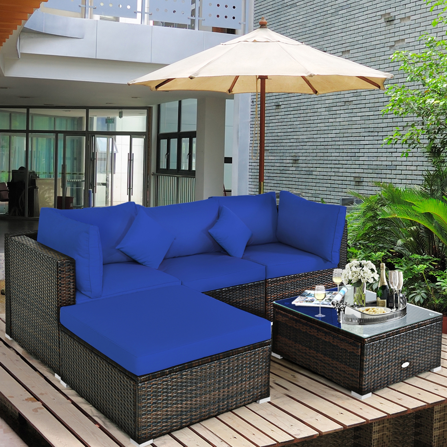 Gymax 5PCS Rattan Patio Conversation Set Outdoor Furniture Set w/ Ottoman Navy Cushion