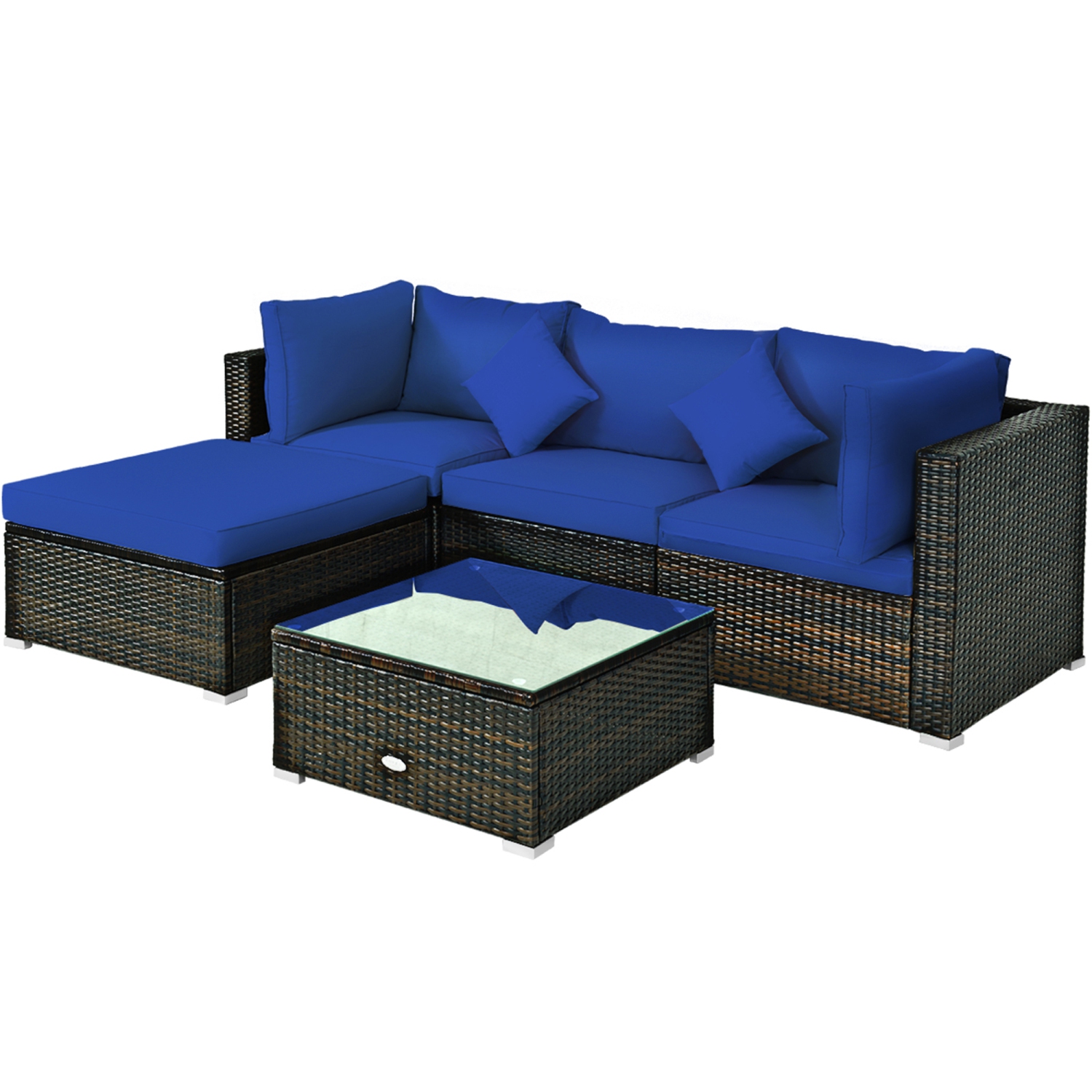 Gymax 5PCS Rattan Patio Conversation Set Outdoor Furniture Set w/ Ottoman Navy Cushion