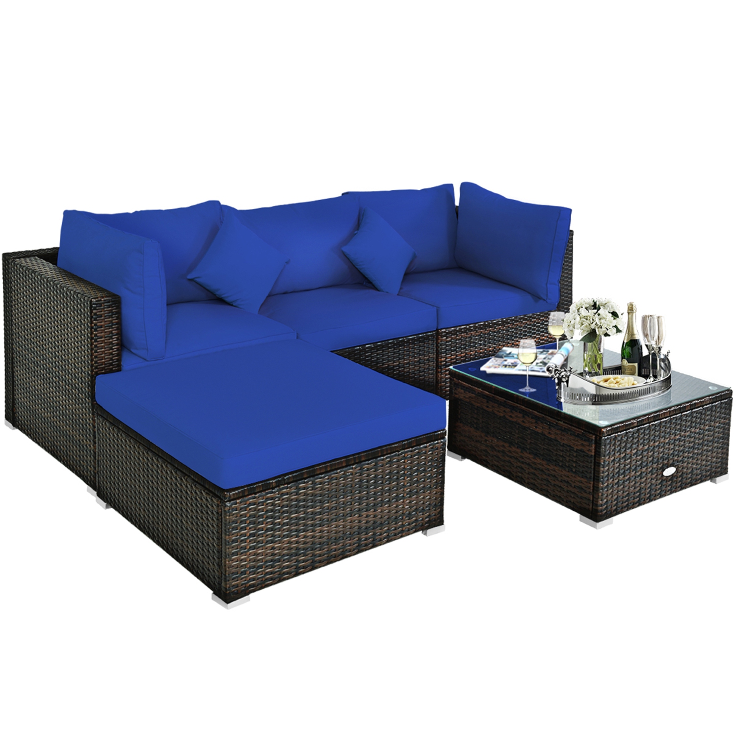 Gymax 5PCS Rattan Patio Conversation Set Outdoor Furniture Set w/ Ottoman Navy Cushion