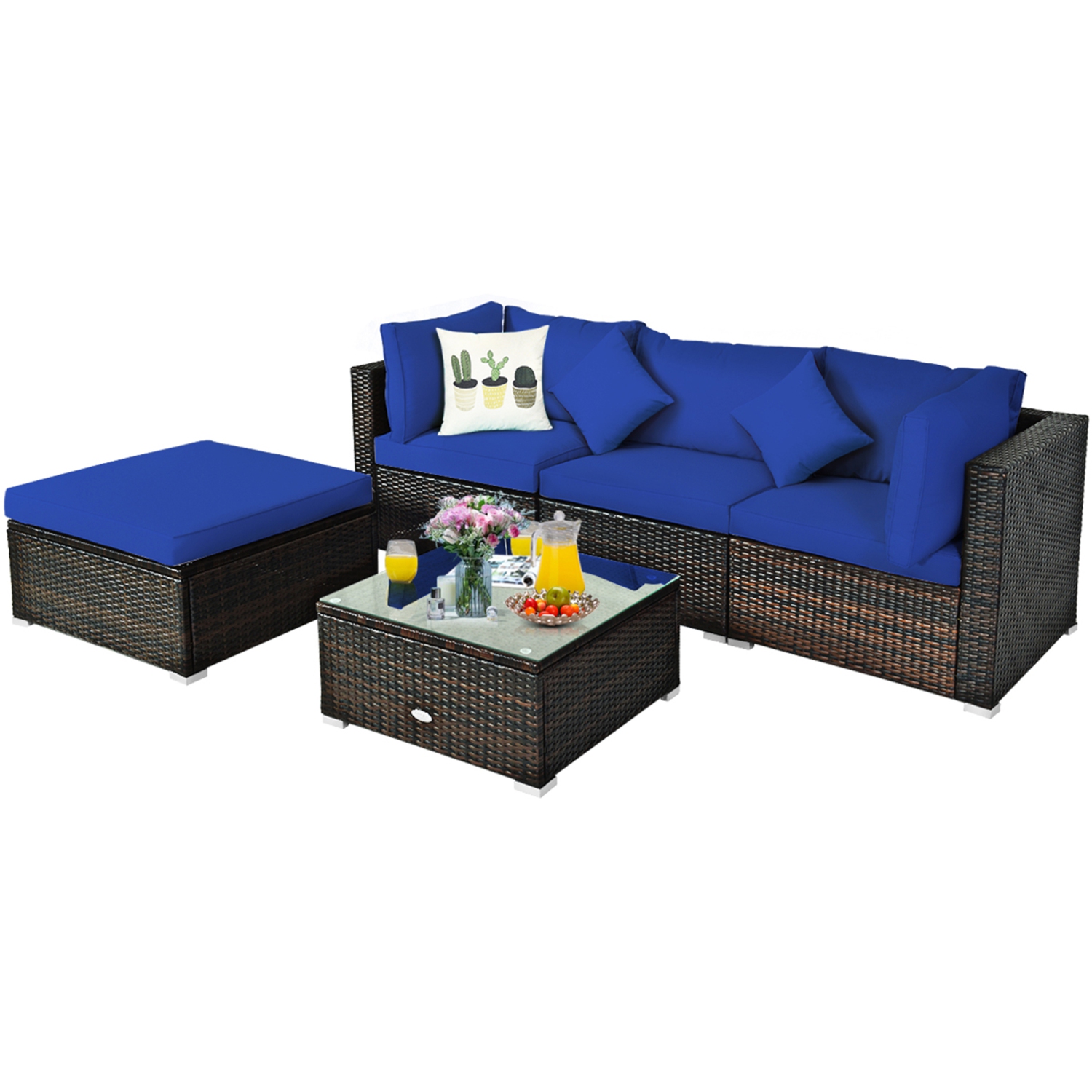 Gymax 5PCS Rattan Patio Conversation Set Outdoor Furniture Set w/ Ottoman Navy Cushion