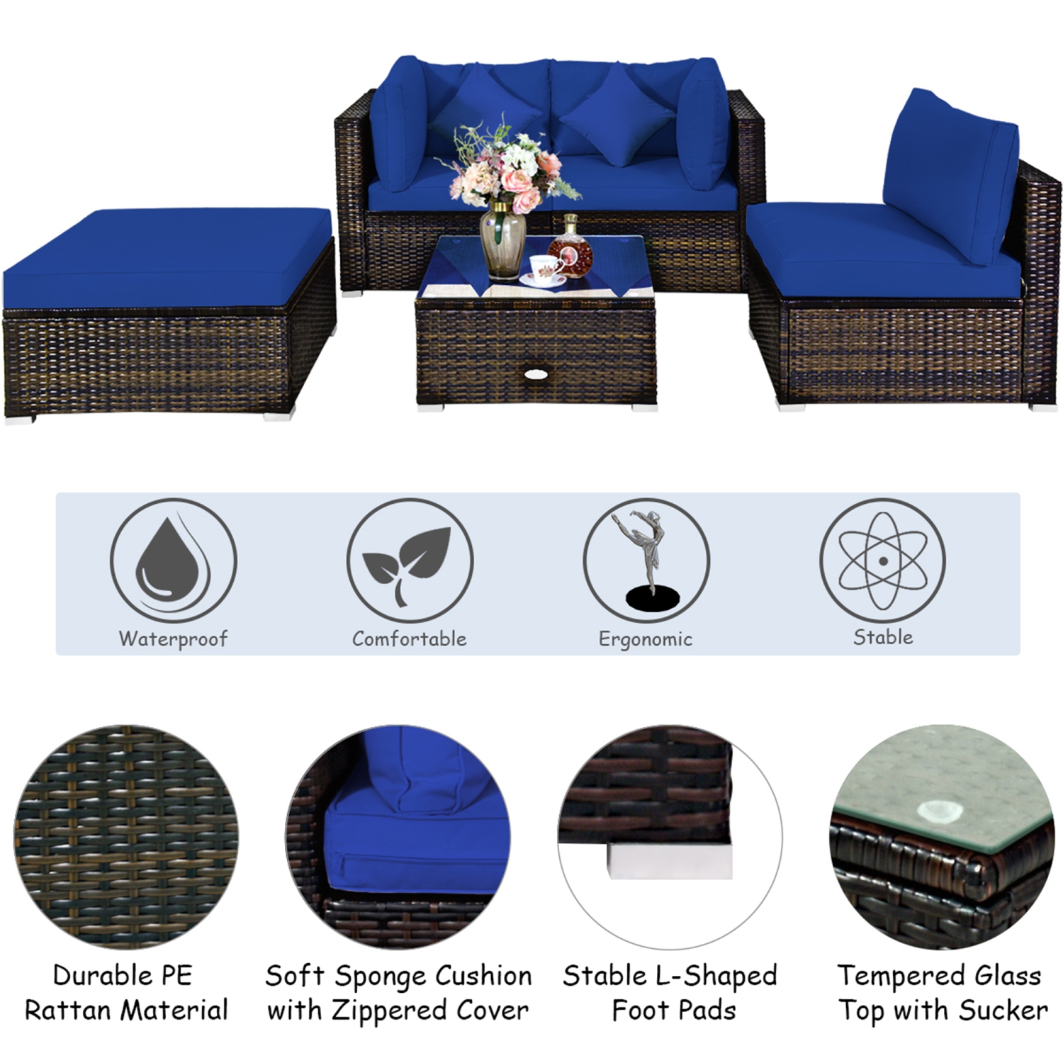 Gymax 5PCS Rattan Patio Conversation Set Outdoor Furniture Set w/ Ottoman Navy Cushion