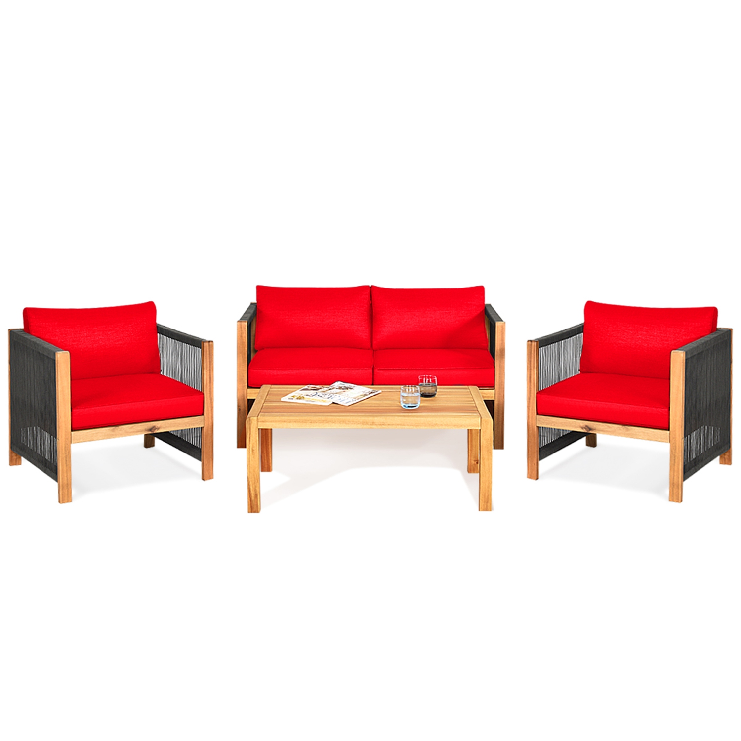 Gymax 4PCS Acacia Wood Outdoor Patio Furniture Conversation Set W/ Red Cushions