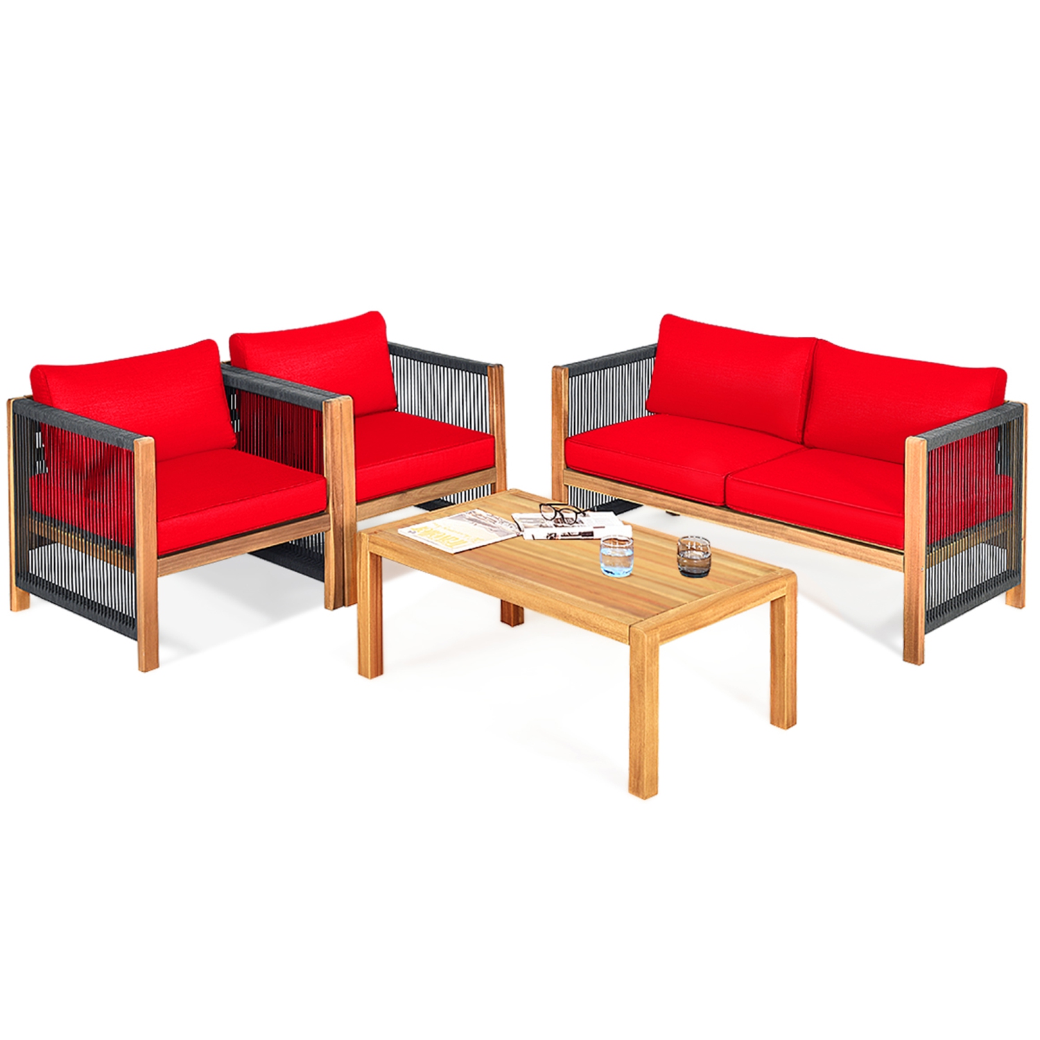Gymax 4PCS Acacia Wood Outdoor Patio Furniture Conversation Set W/ Red Cushions