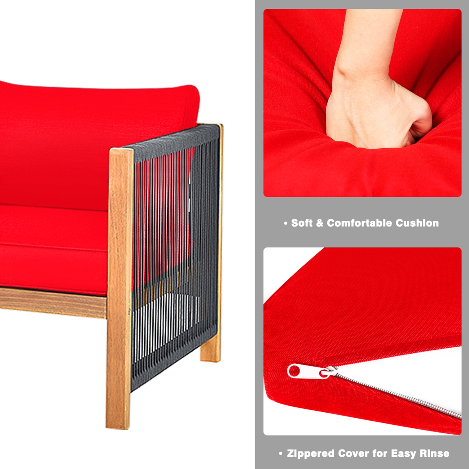 Gymax 4PCS Acacia Wood Outdoor Patio Furniture Conversation Set W/ Red Cushions