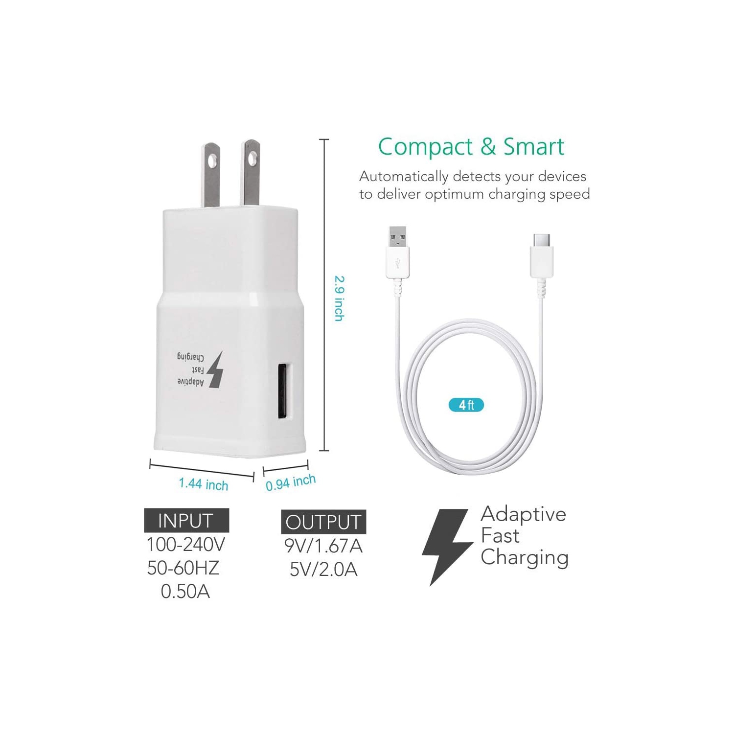 (CABLESHARK )Samsung COMPATIBLE Adaptive Fast Charger Kit, Quick Charge USB Wall Charger for Samsung Galaxy S10/S9/S8/S8 Plus/Note8/9{2 Type-C Cables + 2 Wall Chargers}Charge up to 50% Faster (White)