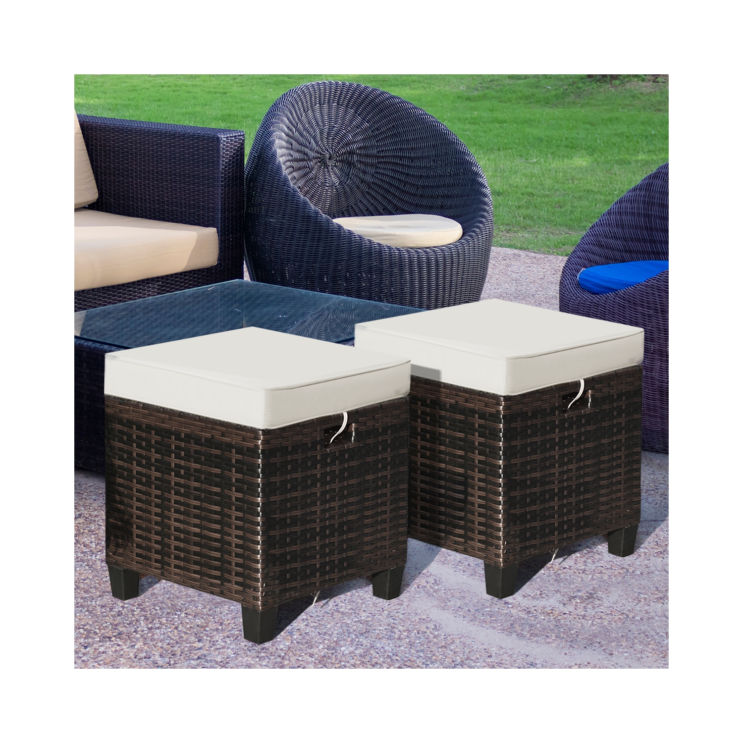 Table basse de patio en rotin avec repose-pieds et pouf de jardin coussiné 2 pièces de Costway