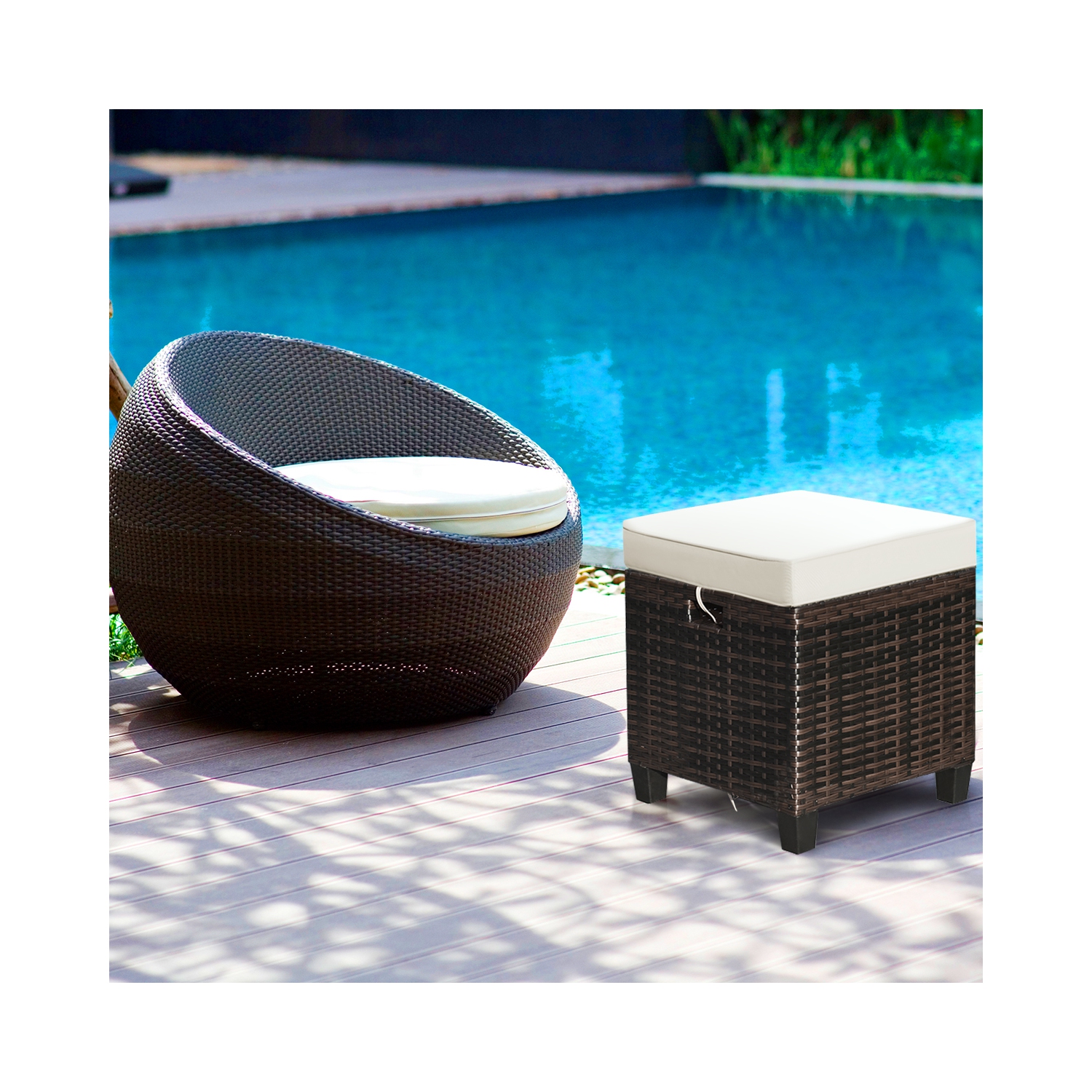 Table basse de patio en rotin avec repose-pieds et pouf de jardin coussiné 2 pièces de Costway