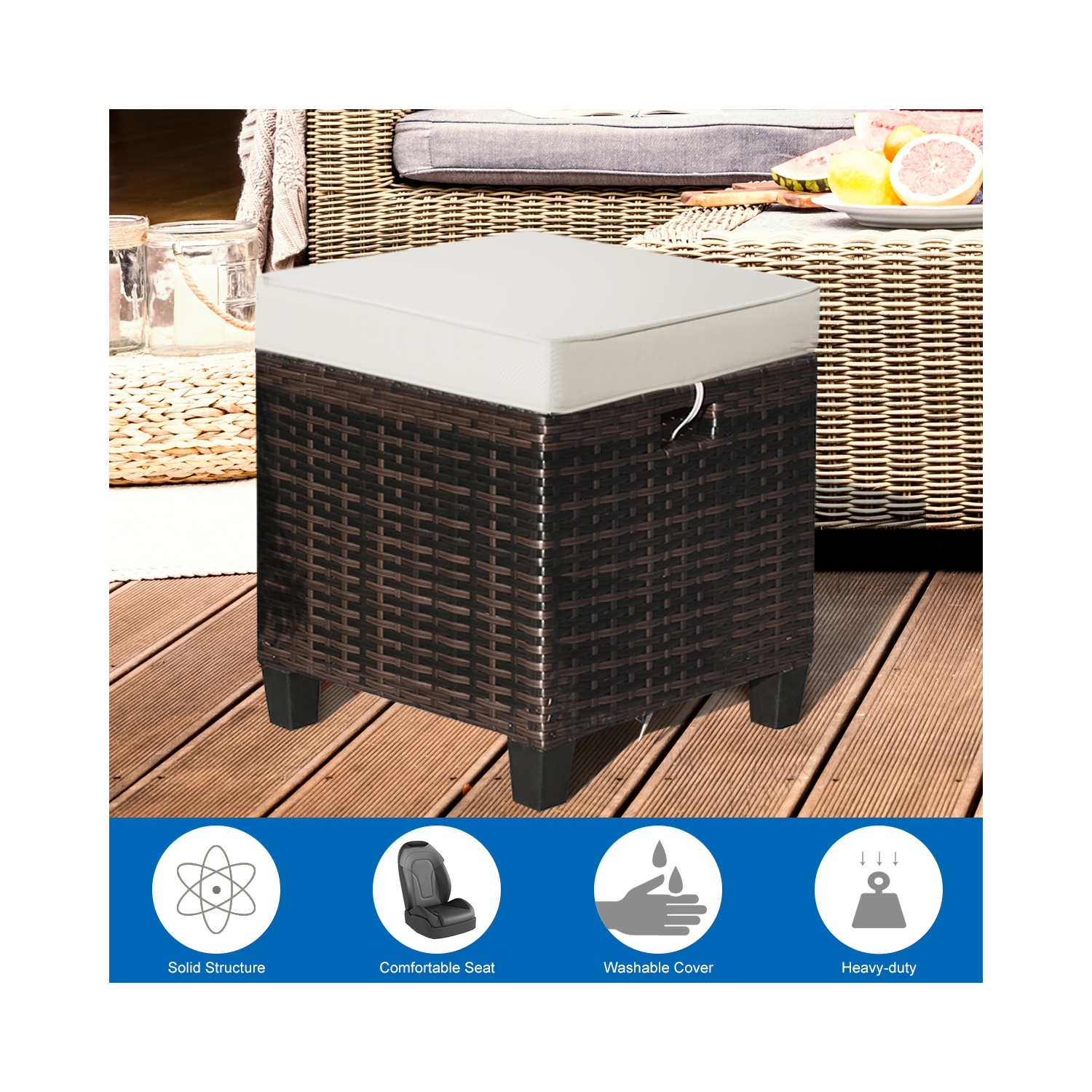 Table basse de patio en rotin avec repose-pieds et pouf de jardin coussiné 2 pièces de Costway