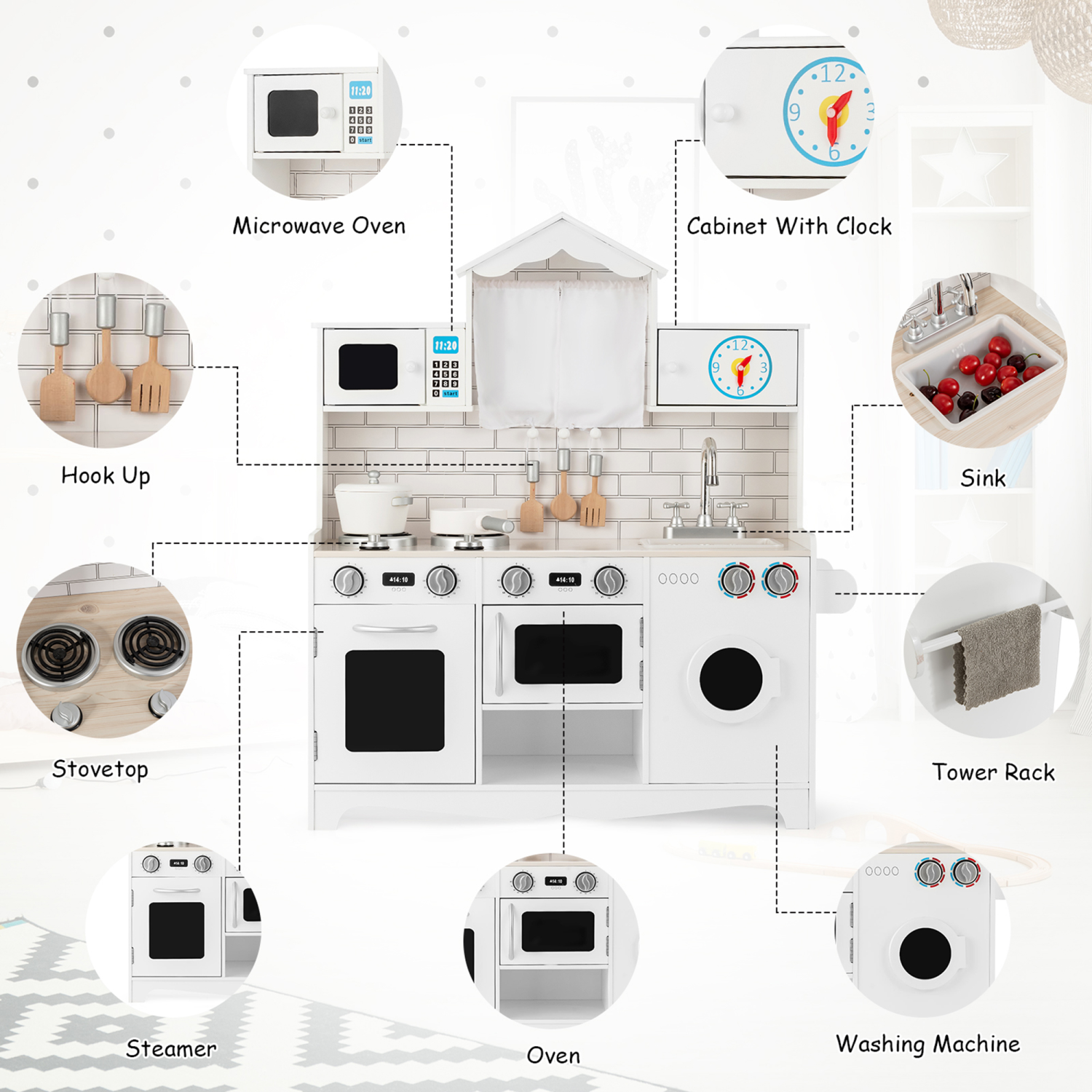 Cuisine en bois pour enfants, cuisine d'imitation avec batterie de cuisine, cadeau pour enfants Gymax