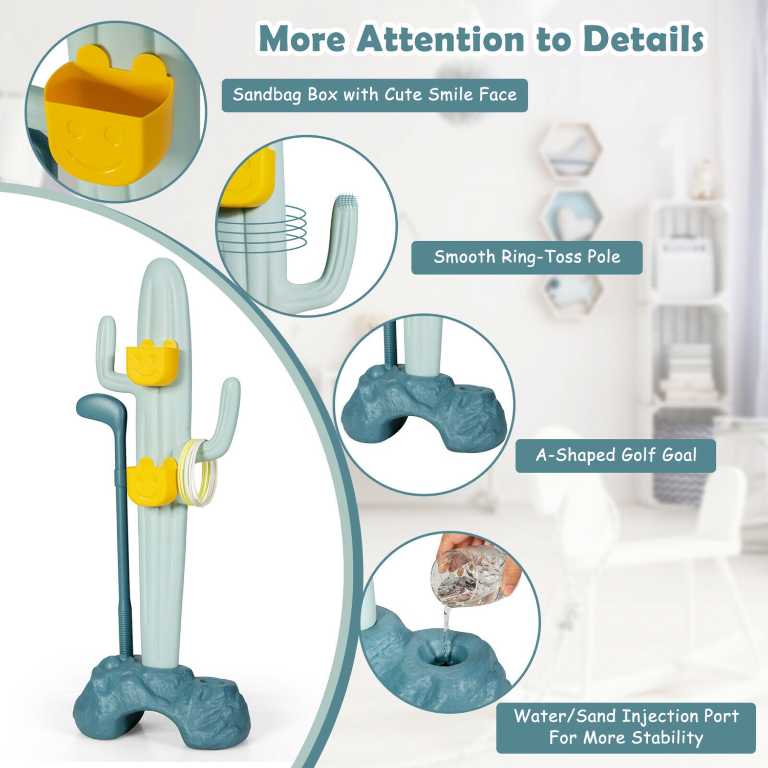 Gymax 3-in-1 Sports Activity Center w/ Golf & Ring-Toss Cactus Toy Stand