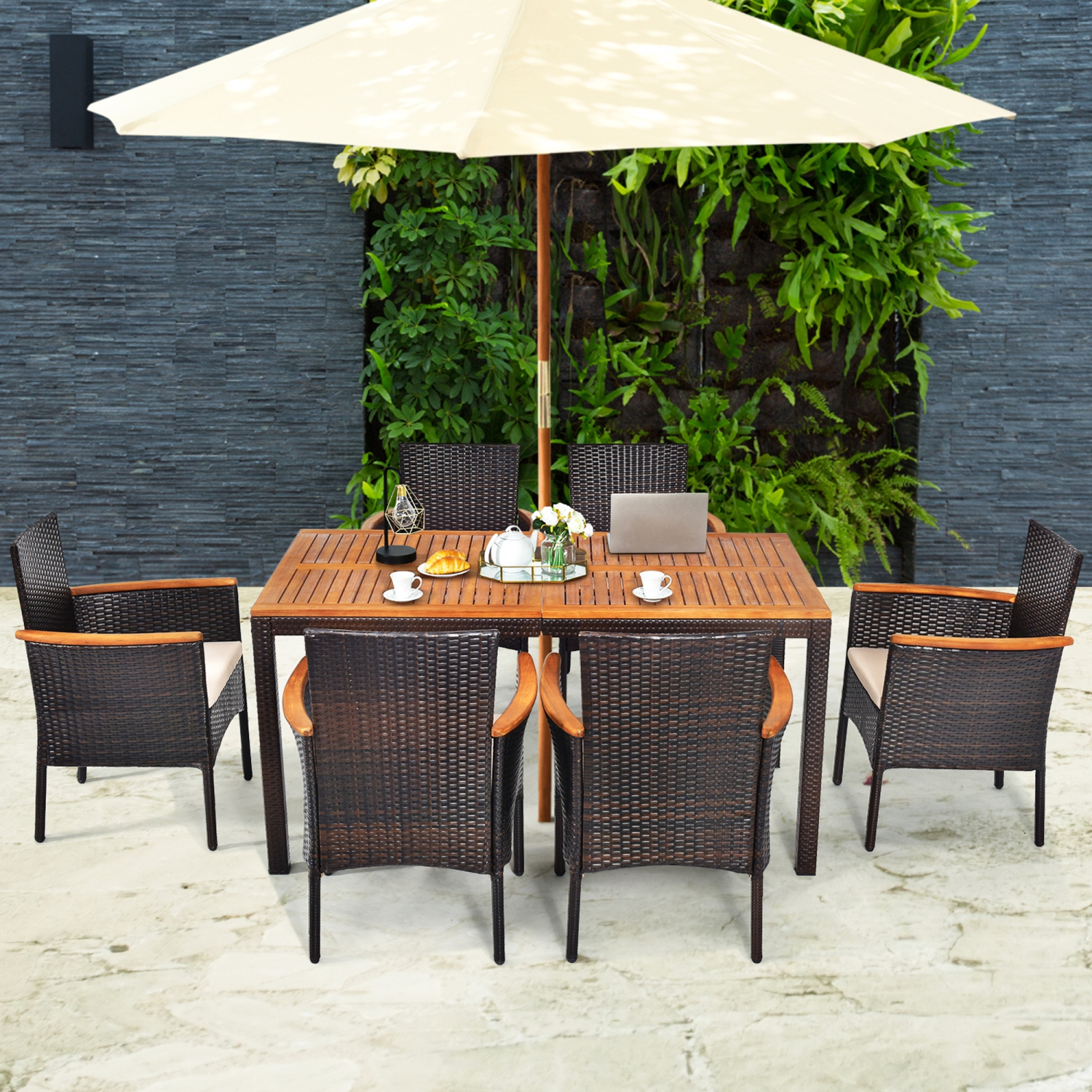 Gymax 7PCS Rattan Outdoor Dining Set Patio Furniture Set w/ Cushions Umbrella Hole