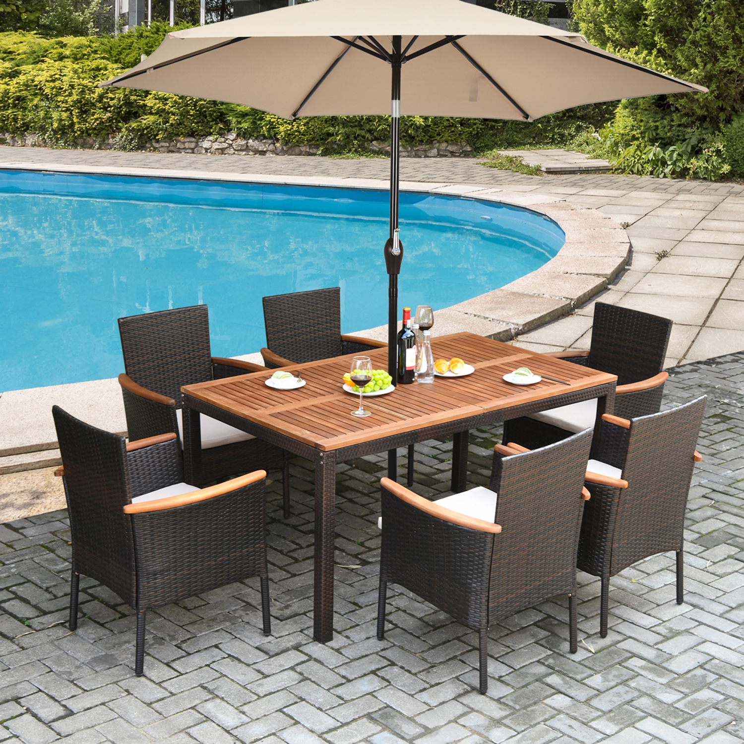 Gymax 7PCS Rattan Outdoor Dining Set Patio Furniture Set w/ Cushions Umbrella Hole