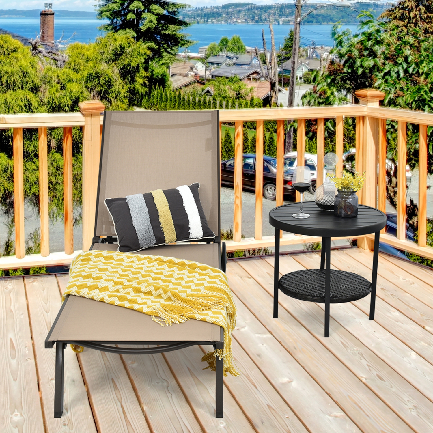 Gymax Patio Chaise Lounge Chair Aluminum Adjustable Recliner w/ Wheels Brown