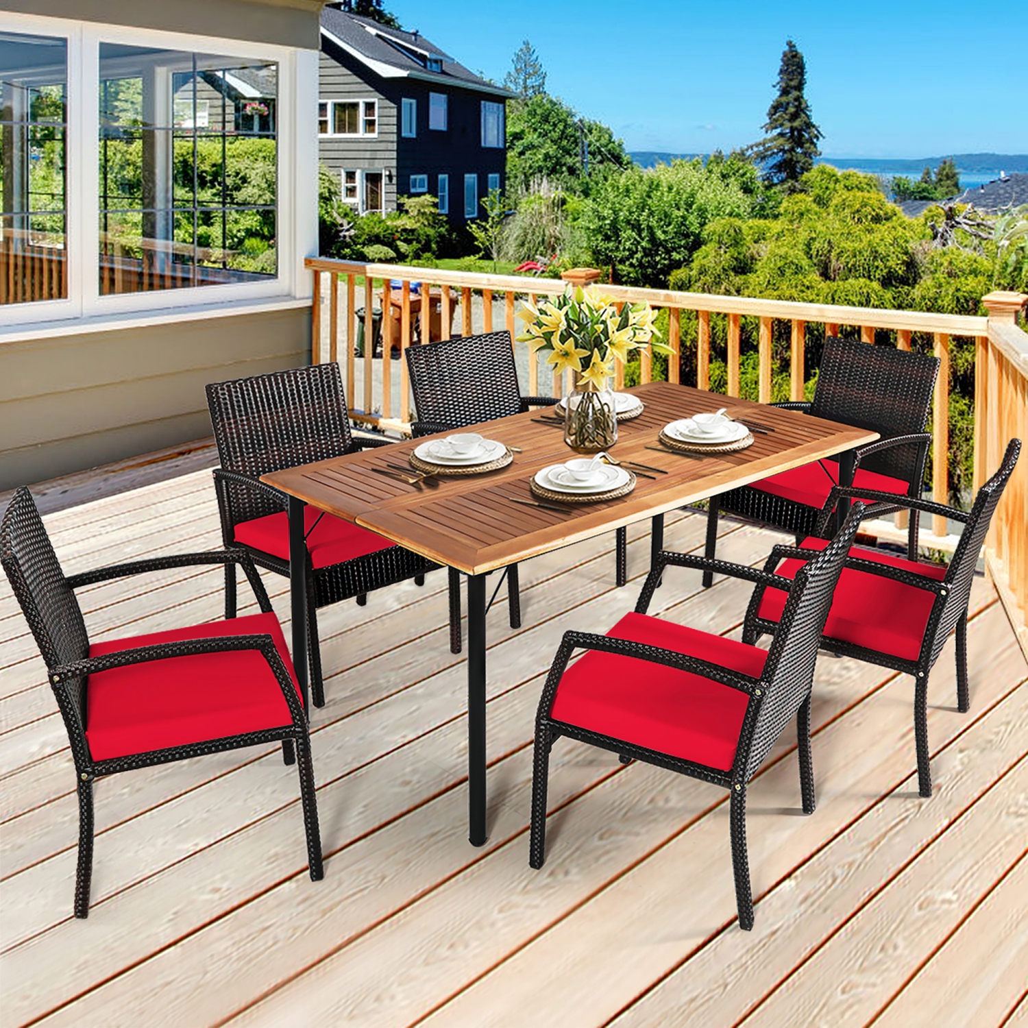 Gymax 7PCS Patio Dining Furniture Set Yard w/ Wooden Tabletop Red Cushions