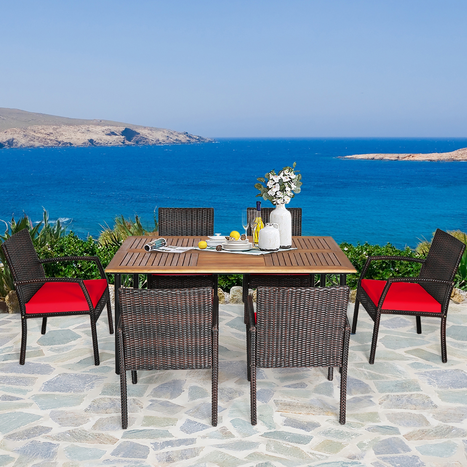 Gymax 7PCS Patio Dining Furniture Set Yard w/ Wooden Tabletop Red Cushions