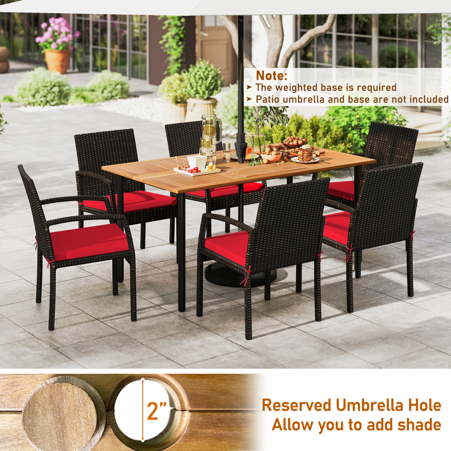 Gymax 7PCS Patio Dining Furniture Set Yard w/ Wooden Tabletop Red Cushions