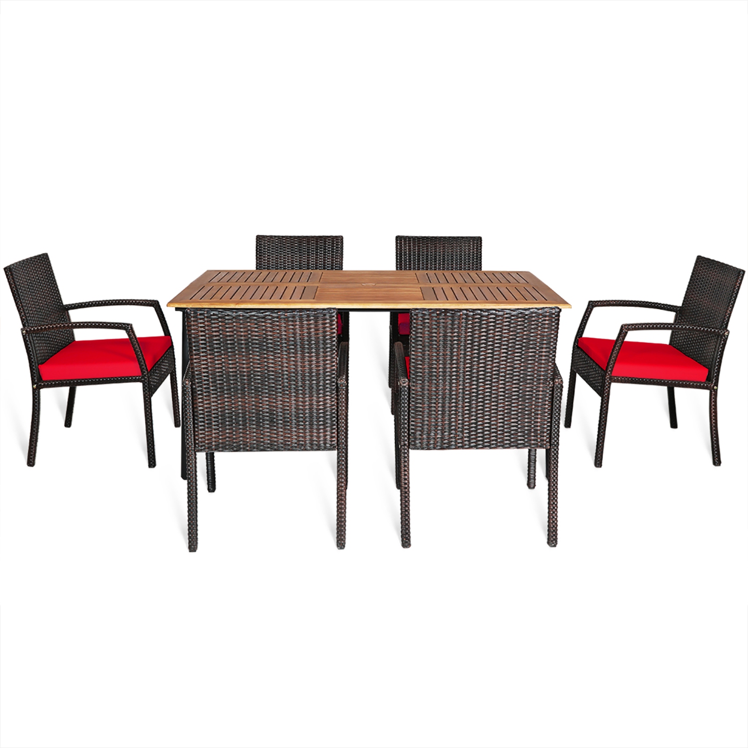 Gymax 7PCS Patio Dining Furniture Set Yard w/ Wooden Tabletop Red Cushions