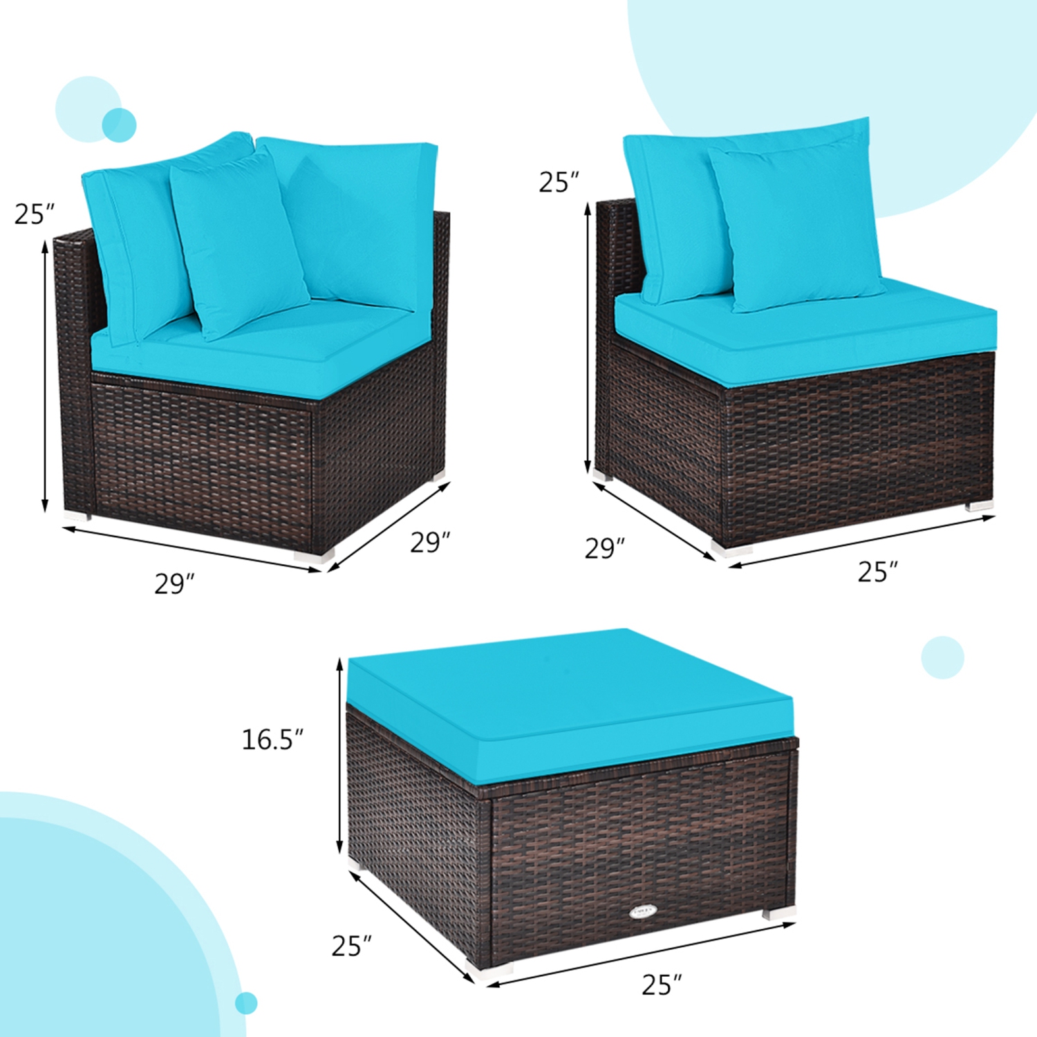 Gymax 4PCS Rattan Patio Conversation Furniture Set Yard Outdoor w/ Turquoise Cushion