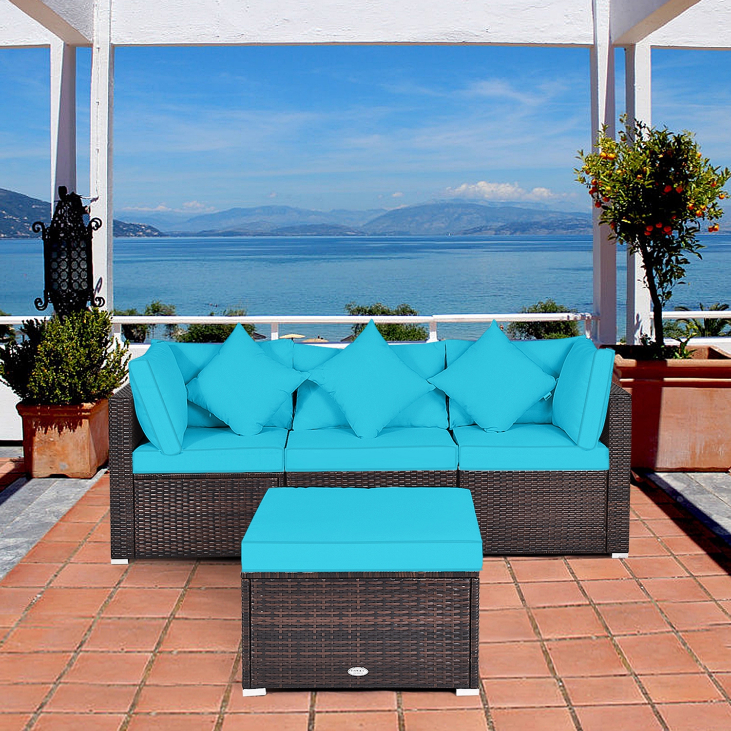 Gymax 4PCS Rattan Patio Conversation Furniture Set Yard Outdoor w/ Turquoise Cushion