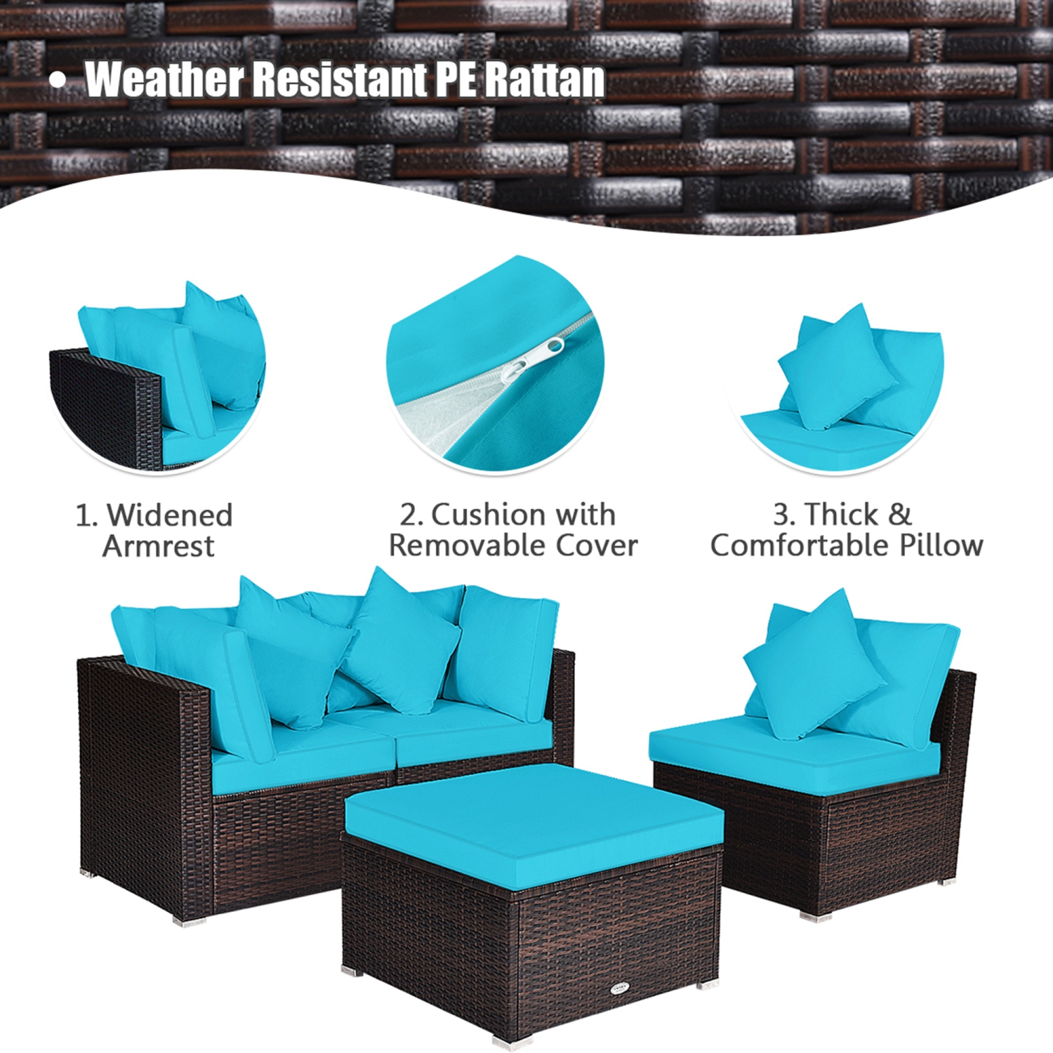 Gymax 4PCS Rattan Patio Conversation Furniture Set Yard Outdoor w/ Turquoise Cushion
