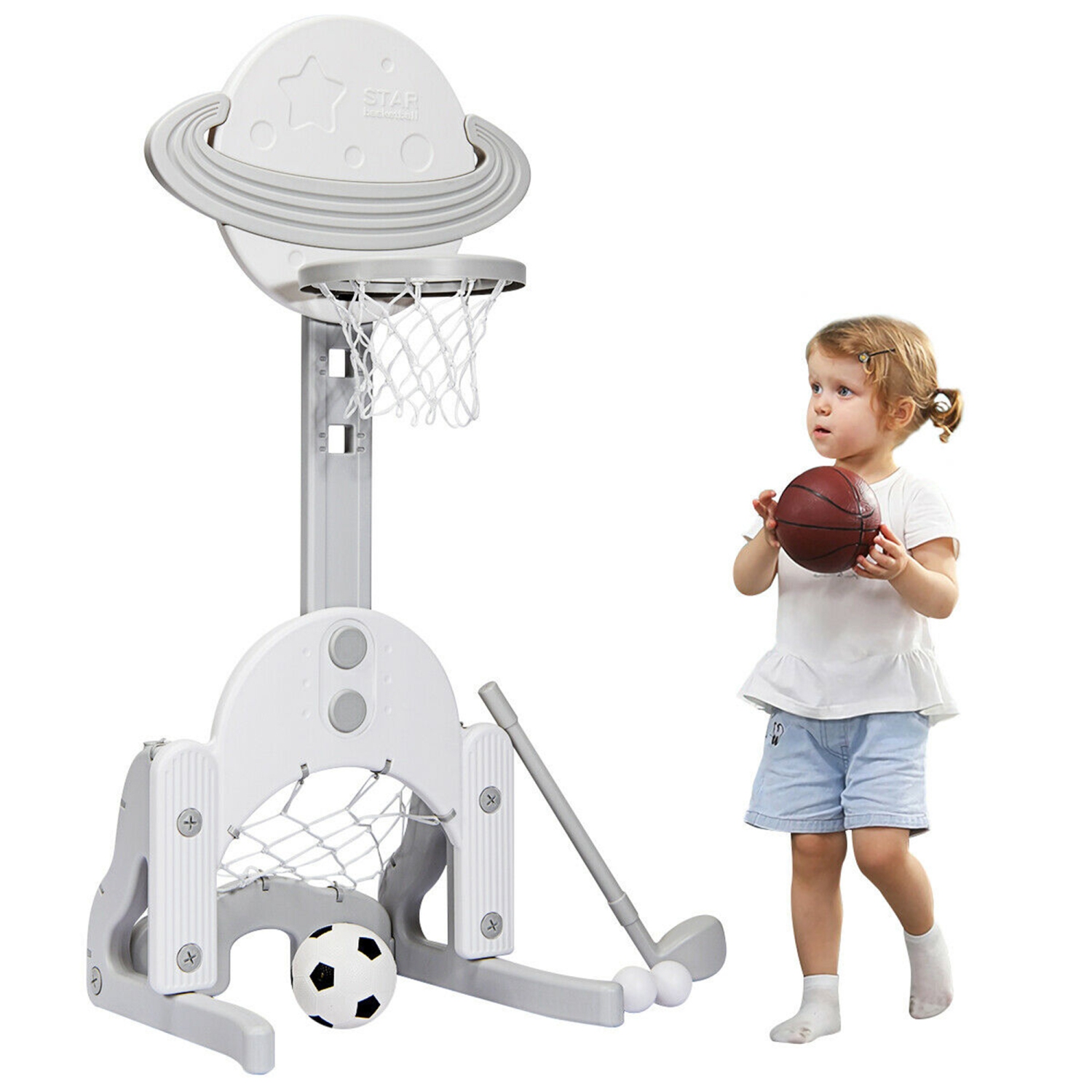 Gymax 3 in 1 Kids Basketball Hoop Set Adjustable Sports Activity Center w/ Balls White