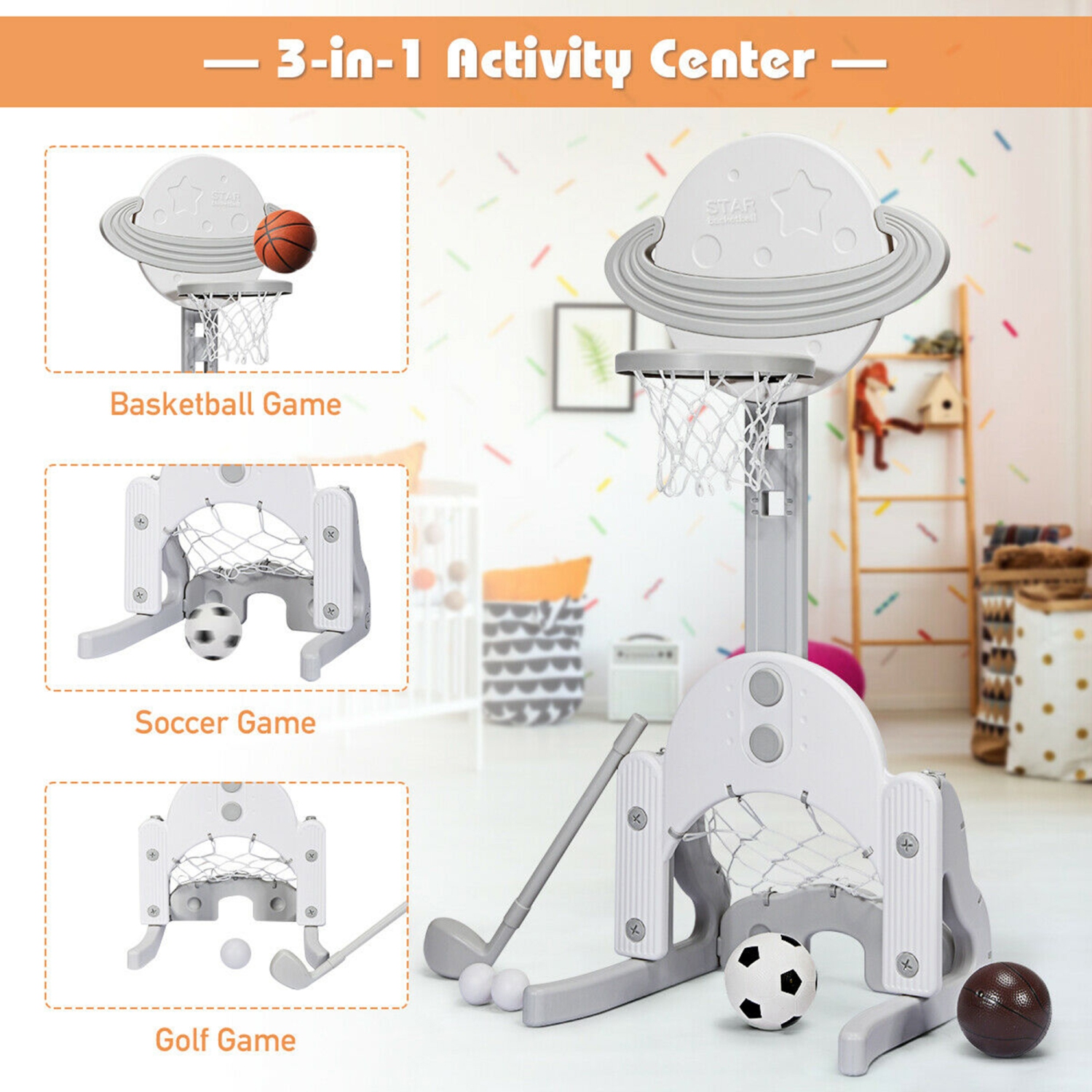 Gymax 3 in 1 Kids Basketball Hoop Set Adjustable Sports Activity Center w/ Balls White