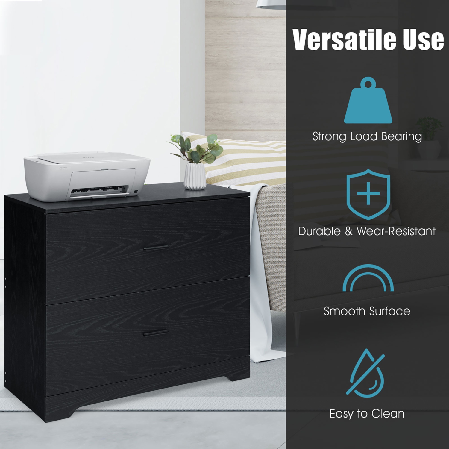 Costway 2-Drawer Lateral File Cabinet w/Adjustable Bars for Home Office Black