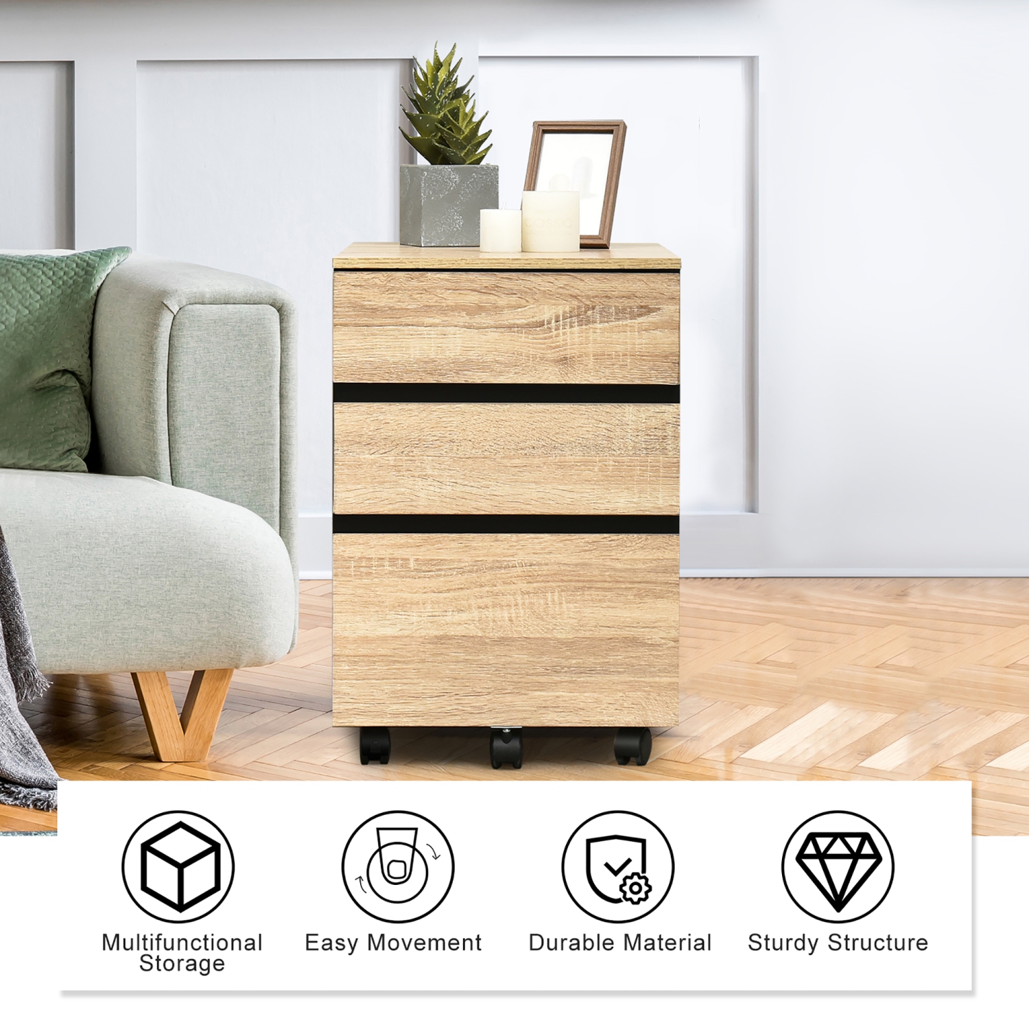 Costway 3-Drawer Mobile File Cabinet Vertical Filling Cabinet for Home Office